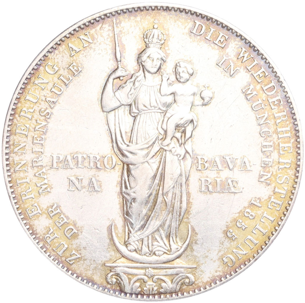 Монета 1 талер 1855 года Бавария Реставрация Колонны Мадонны в Мюнхене
