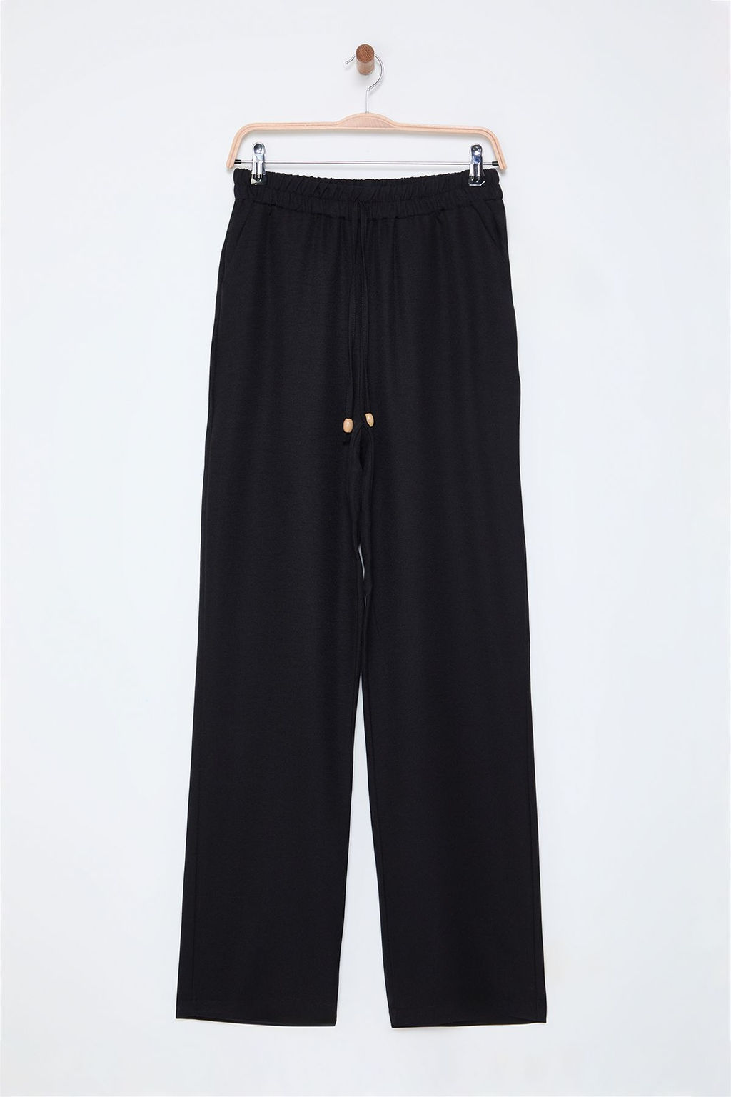 Siyah Straight/Duz Kesim Beli Lastikli Bagc?kl? Keten Gorunumlu Dokuma Pantolon TWOSS24PL00056 - Trendyolmilla фото 7