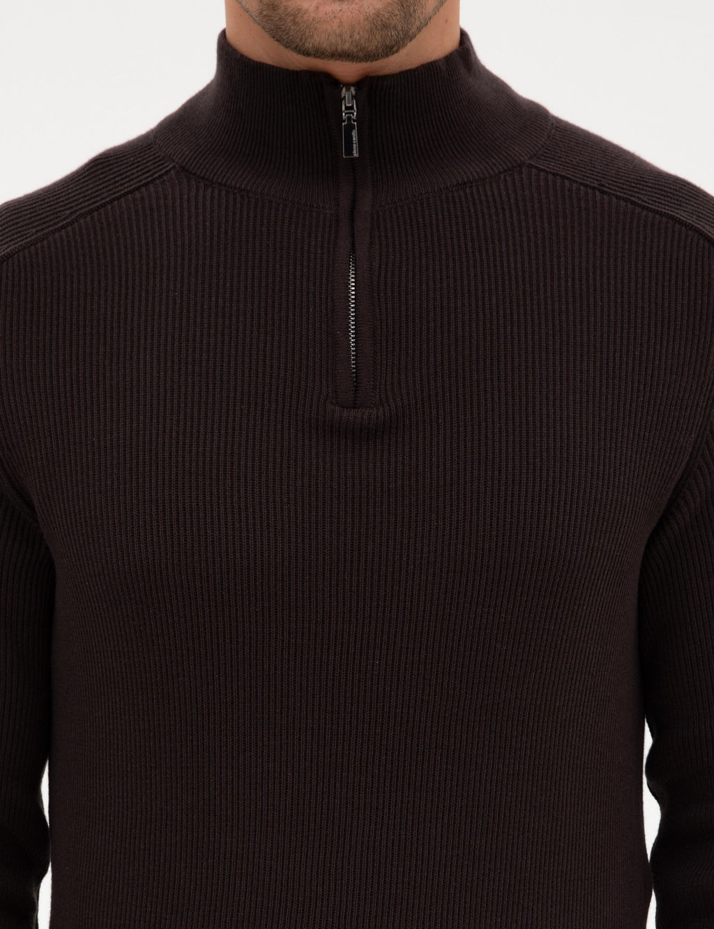 Koyu Kahverengi Slim Fit Dik Yaka Fermuarl_ Triko Kazak - Pierre cardin фото 6