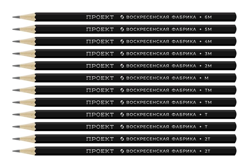 ВКФ Проект 12B-4010 Набор графитных карандашей заточенный ассорти 8 х 12 шт. 6М(6B), 5М(5B), 4М(4B), 3М(3B), 2М(2B), М(B), ТМ(HB), ТМ(HB), Т(H), Т(H), 2Т(2H), 2Т(2H)