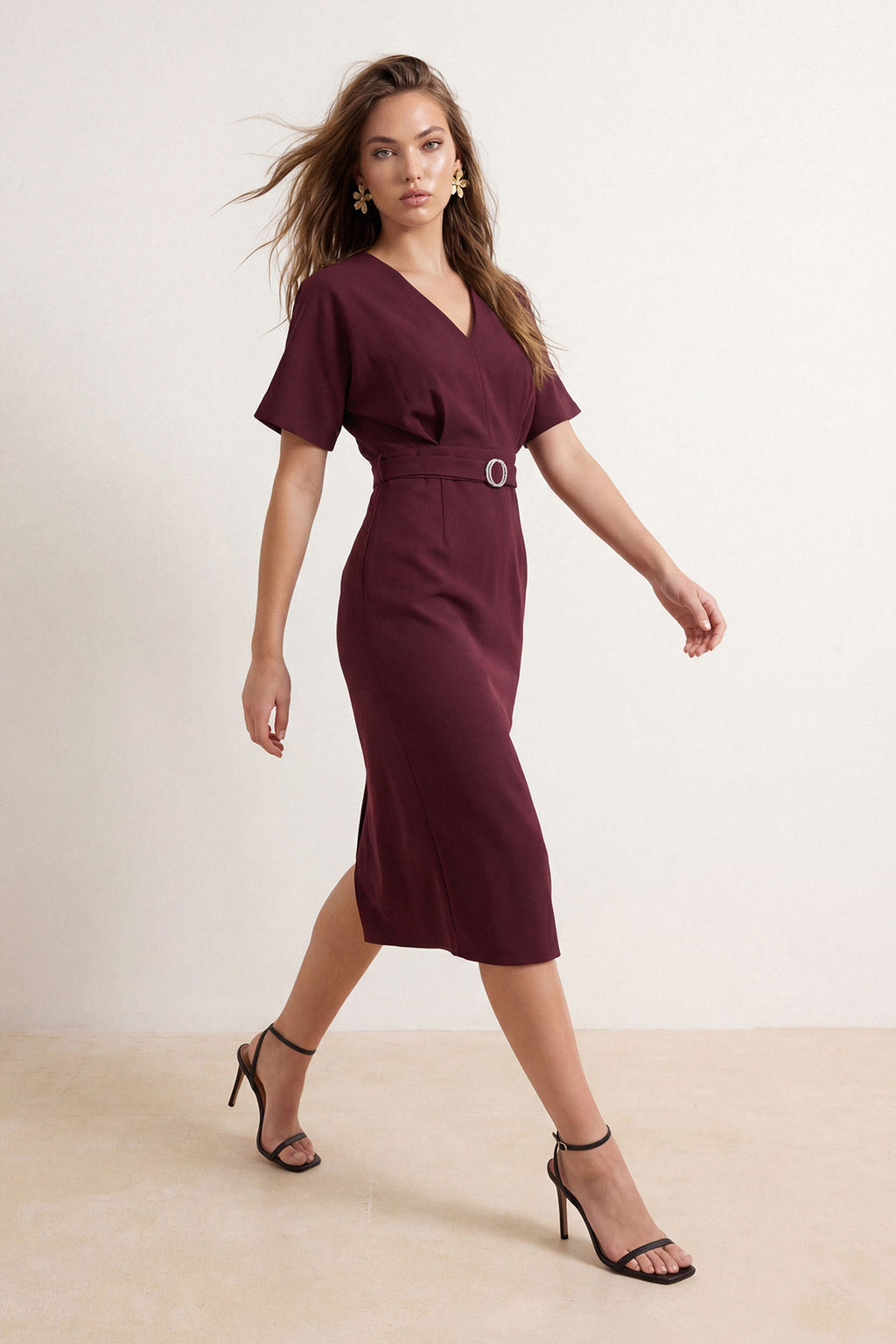 Bordo Duz Midi Dokuma Elbise TWOSS26EL00903 - Trendyolmilla фото 2