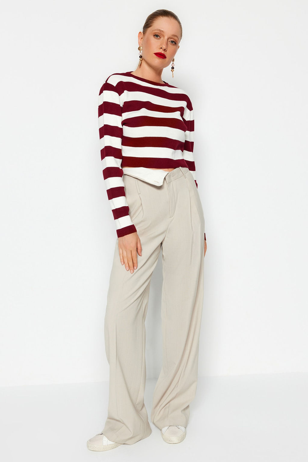 Bordo Crop Basic Cizgili Triko Kazak TWOAW23KZ00034 - Trendyolmilla фото 2