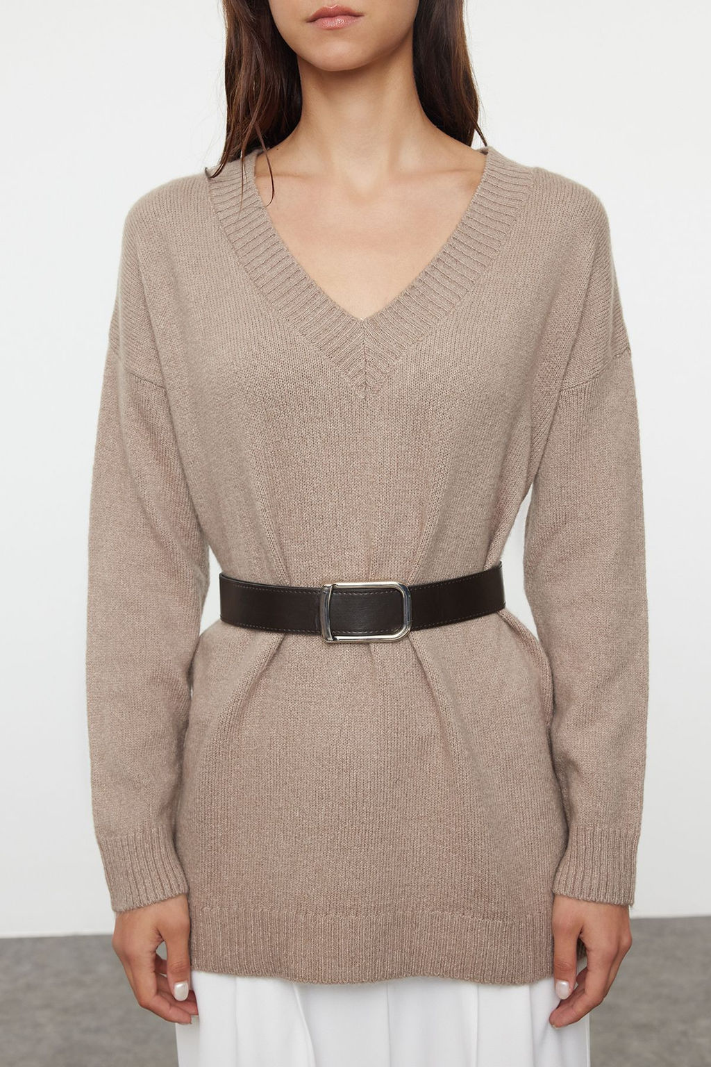 Vizon Genis Kal?p Kemerli Yumusak Dokulu Triko Kazak TWOAW25KZ00054