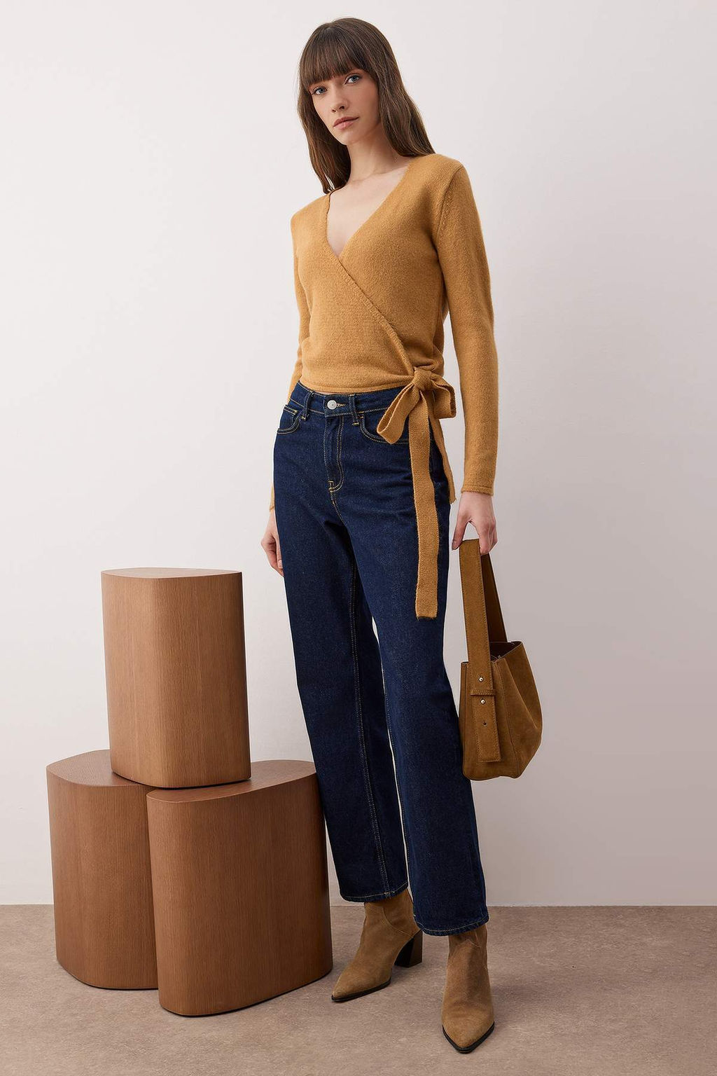 Camel Yumusak Dokulu K?sa/Crop Kruvaze Baglama Triko Kazak TWOAW26KZ00070