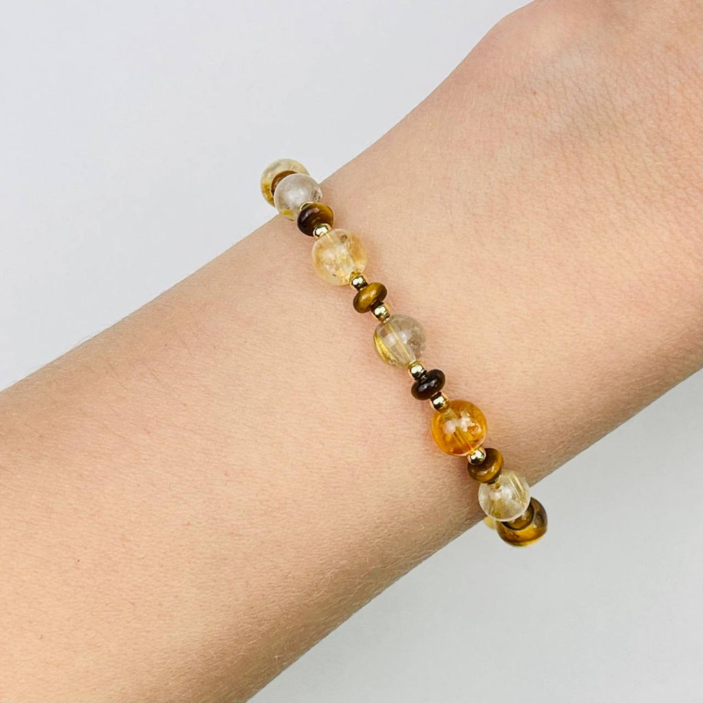 Браслет регулируемый из Цитрина, Тигрового глаза и Рутилового кварца "Манипура" от 16 см
