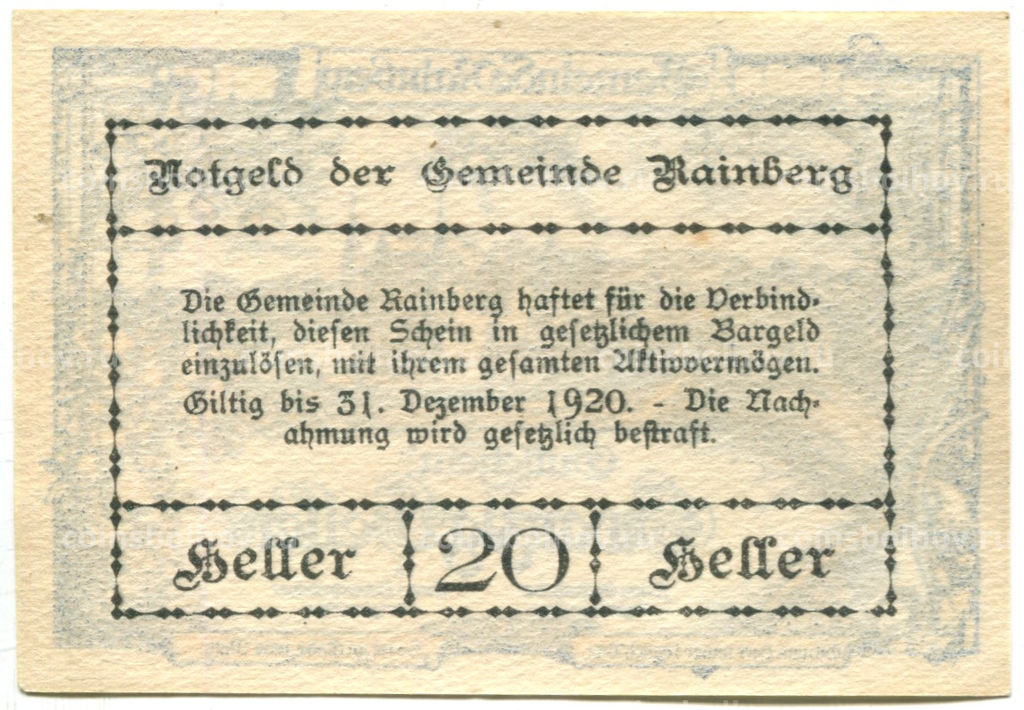 Банкнота 20 геллеров 1920 года Австрия  Райнсберг (нотгельд)