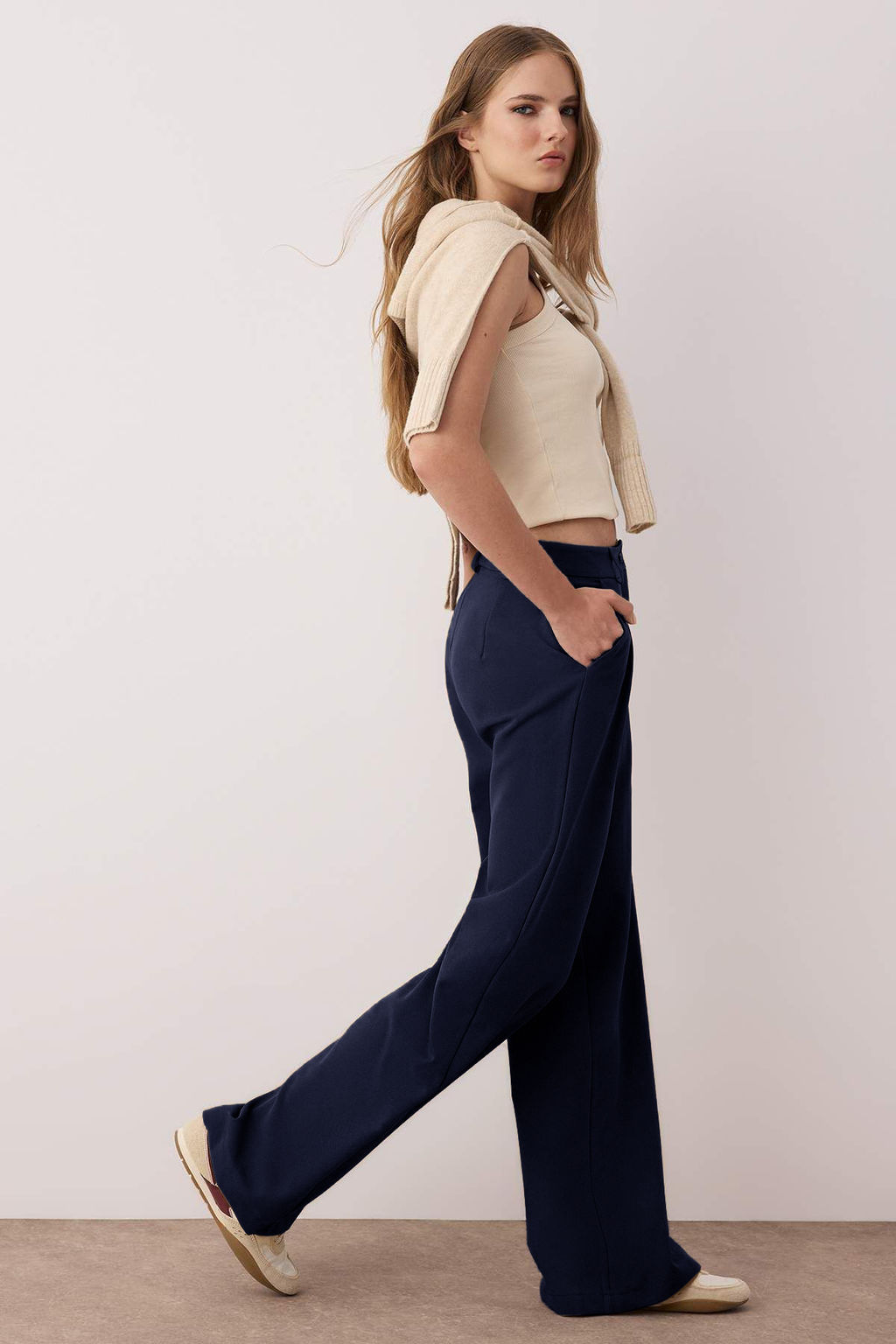 Koyu Lacivert Pilili Wide Leg/Genis Paca Pantolon TWOAW25PL00109