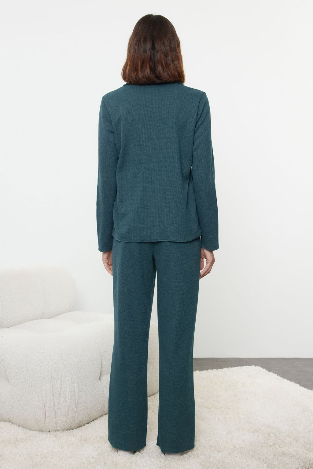 Trendyolmilla Bej Kurdele/Fiyonklu Waffle Kumas Orme Pijama Tak?m? THMAW25PT00195 фото 10