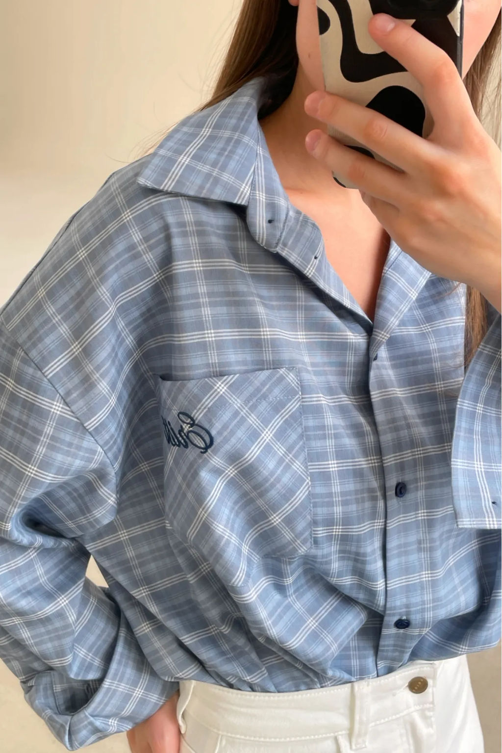 Рубашка в клетку с карманом Ледяной голубой - Erist store фото 4