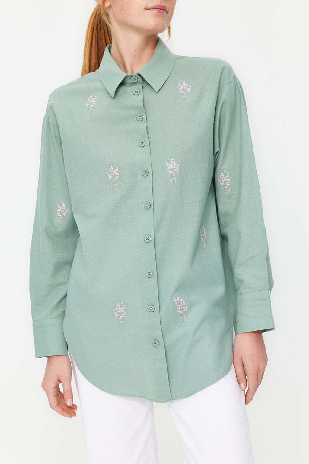 TRENDYOLMILLA Ekru Cicek Nak?s Detayl? Pamuklu Oversize Genis Kesim Dokuma Gomlek TWOSS22GO0246 фото 5