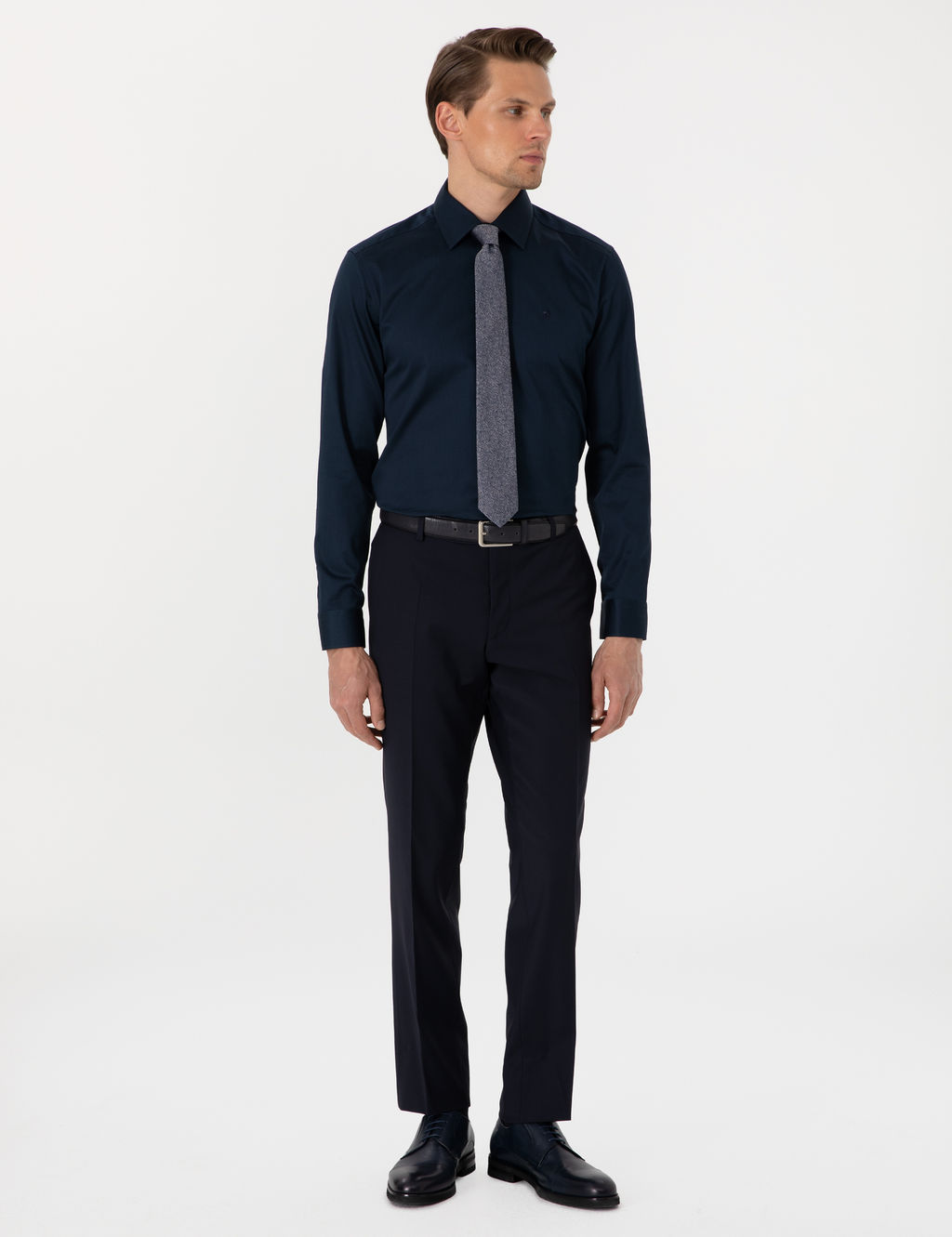 Lacivert %100 Pamuk Parlak Saten Slim Fit Uzun Kollu Basic G_mlek