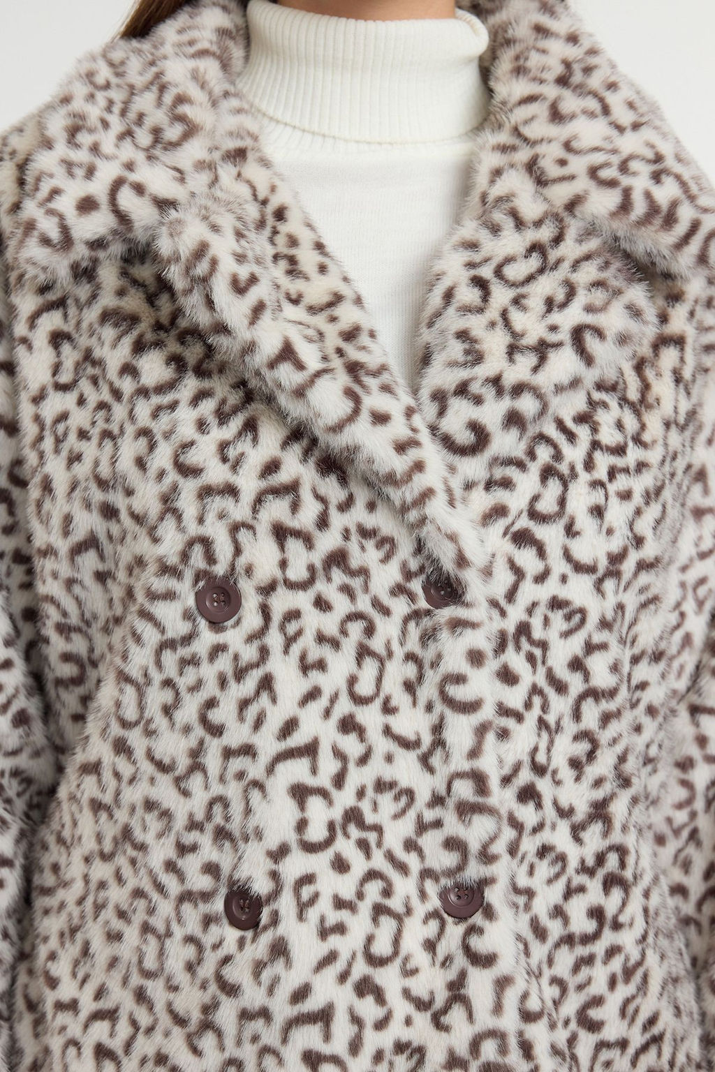 Cok Renkli Kahverengi Leopar Desenli Oversize Kal?p Uzun Kurk Mont TWOAW25MO00190