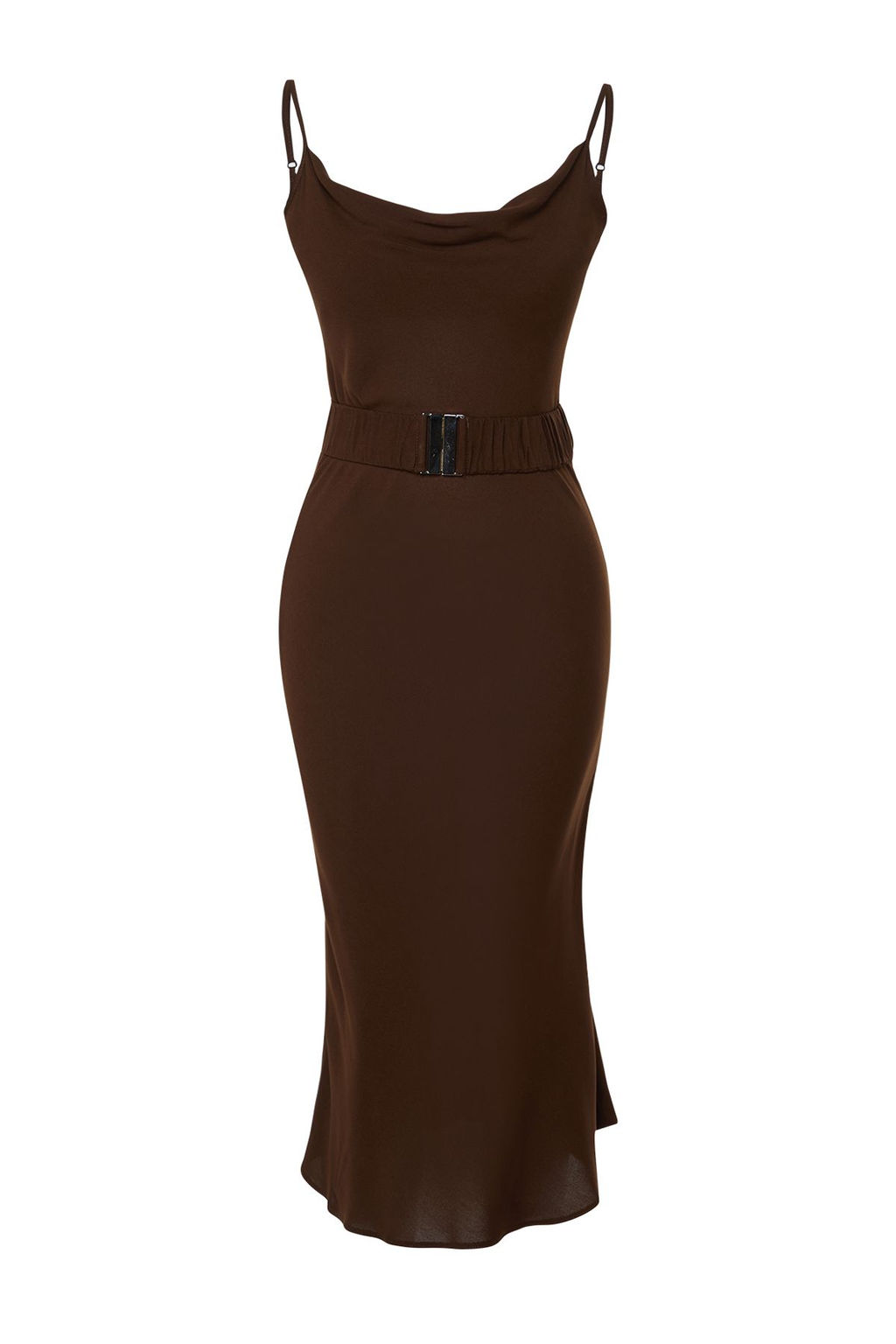 Kahverengi Kemerli Shift/Duz Kesim Degaje Yaka Midi Dokuma Elbise TWOSS21EL2394