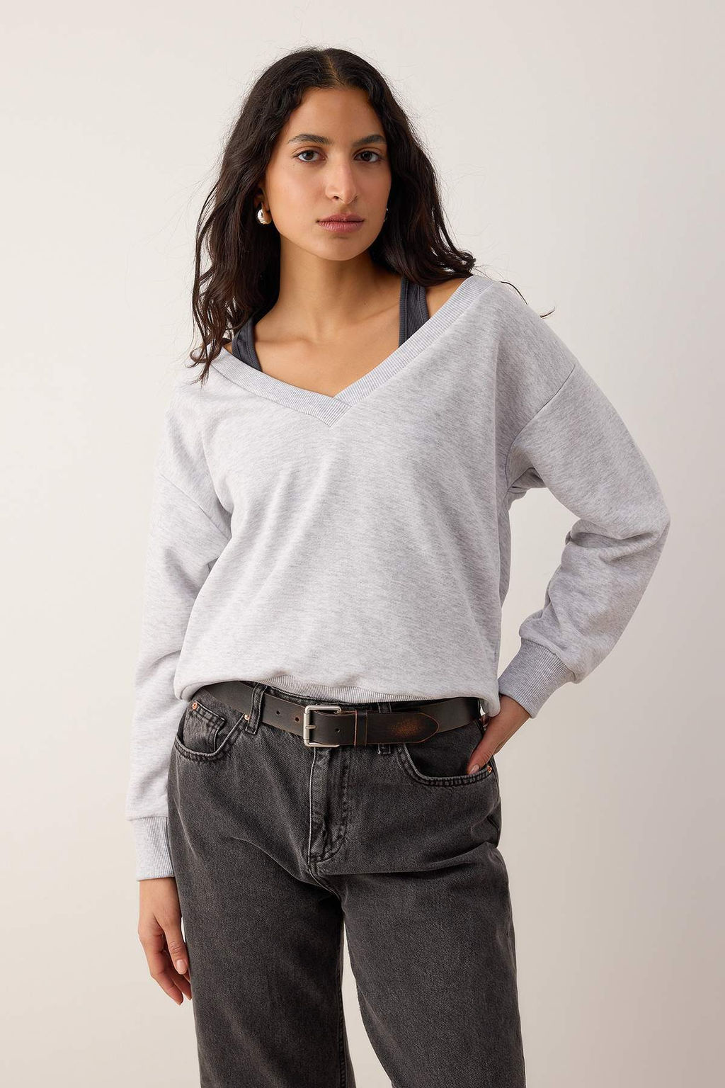 Teen Kar Melanj Cift Katl? Dusuk Omuzlu Orme Sweatshirt TWOAW26SW00149 - Trendyolmilla фото 2