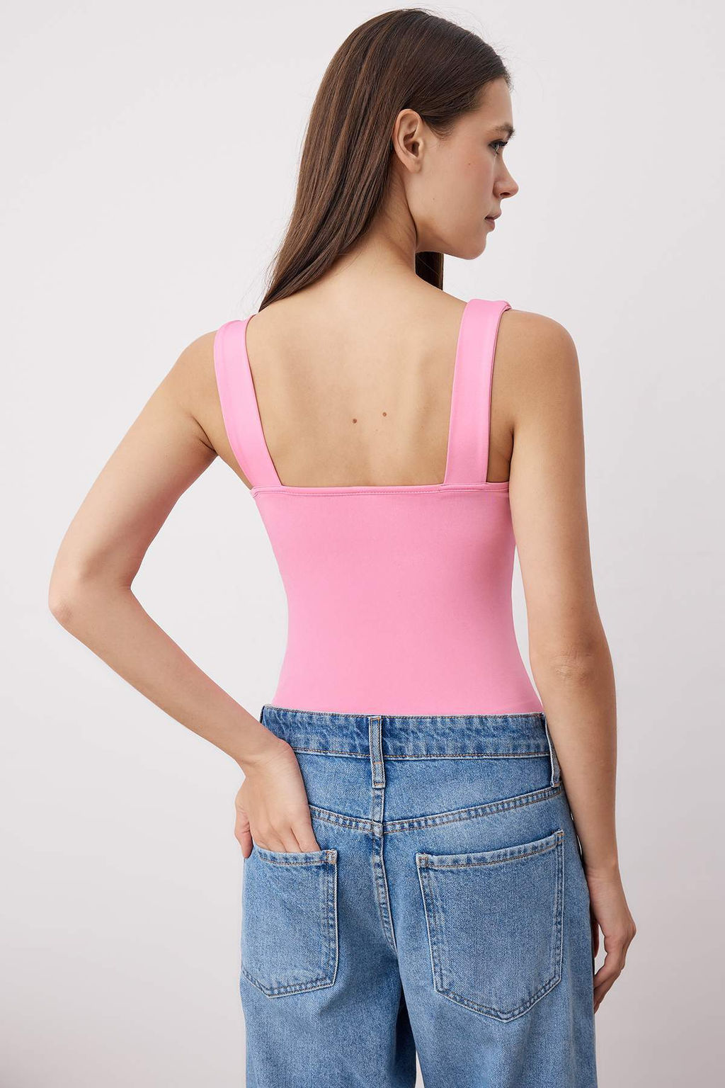 Pembe Fitted/Vucuda Oturan S?rt? Detayl? Kare Yaka C?tc?tl? Esnek Orme Body TWOSS24BD00026