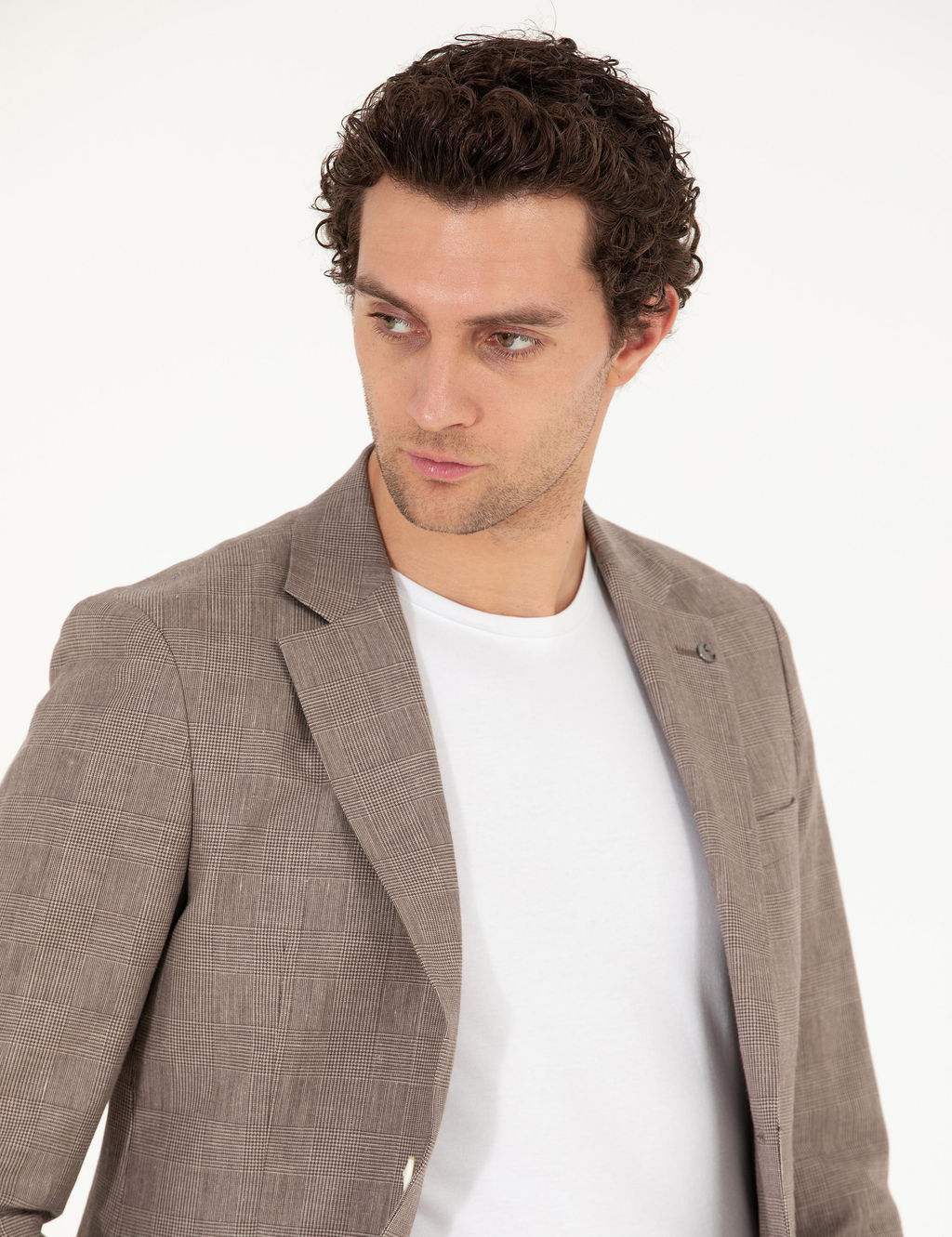 Kahverengi Slim Fit Keten Kar___ml_ Ceket
