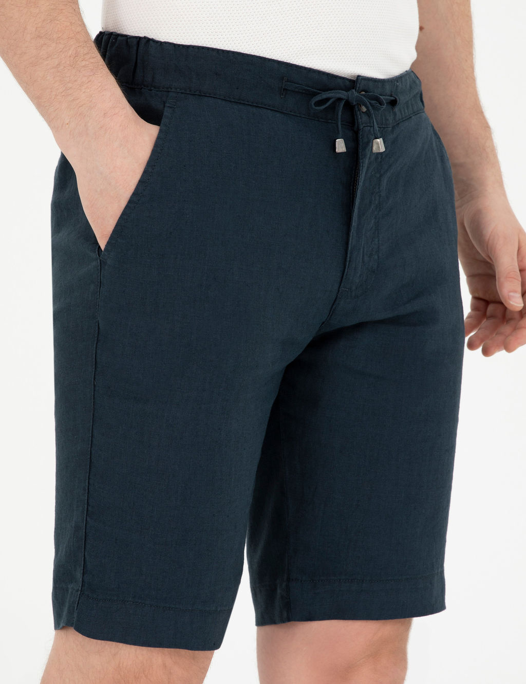 Lacivert Slim Fit %100 Keten Beli Lastikli Ba_c_kl_ Dokuma _ort
