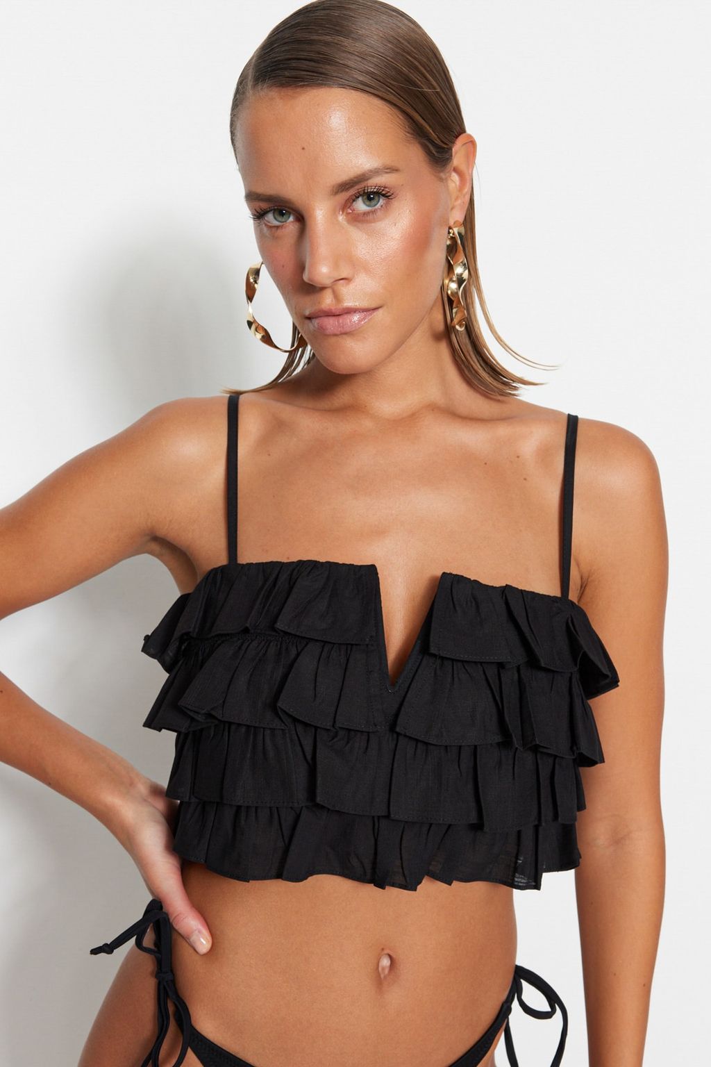 Trendyolmilla Beyaz Crop Dokuma Flaml? Pamuk F?rf?rl? Plaj Bluz TBESS21BZ0661  фото 16