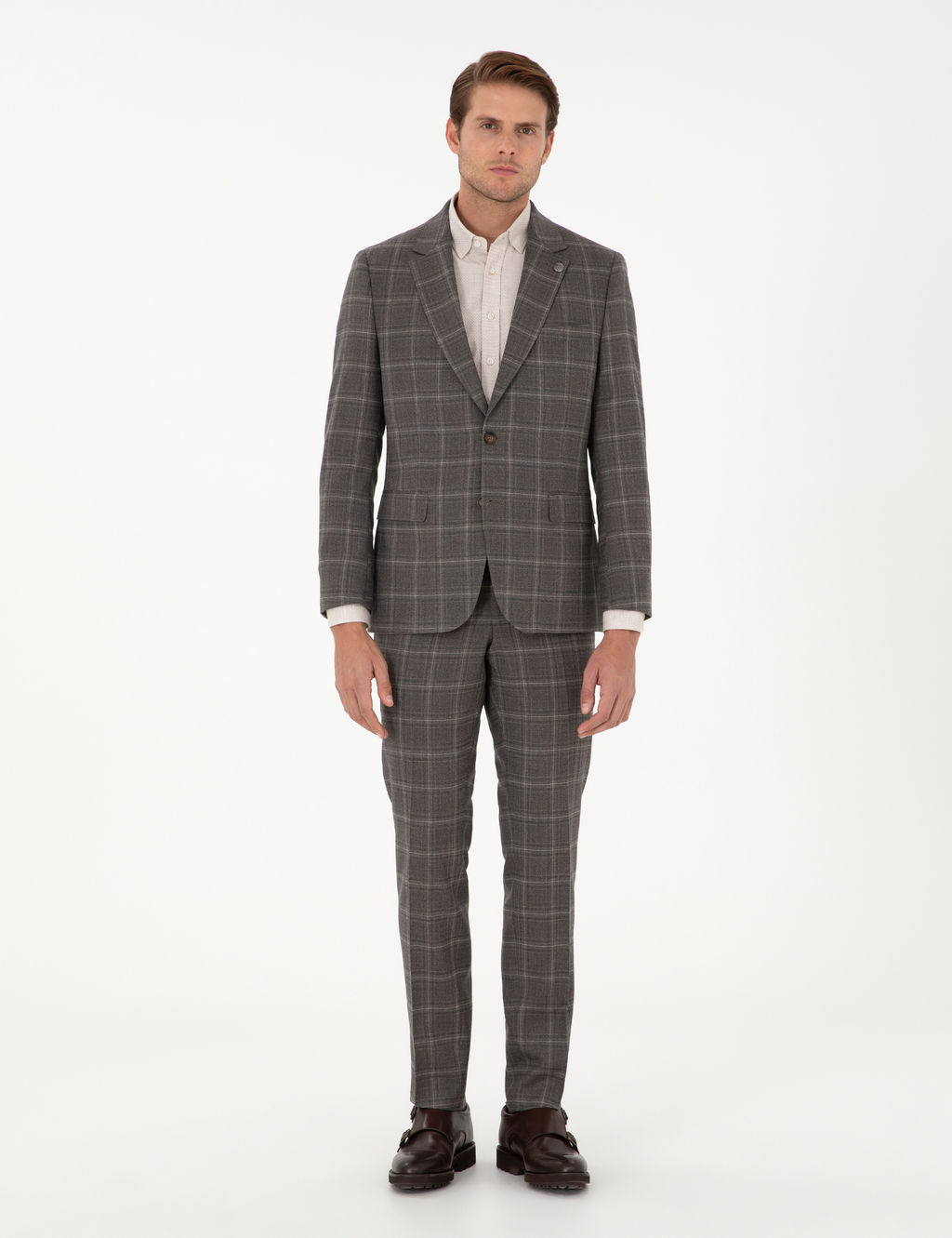 Kahverengi Slim Fit Ekose Y_nl_ Tak_m Elbise