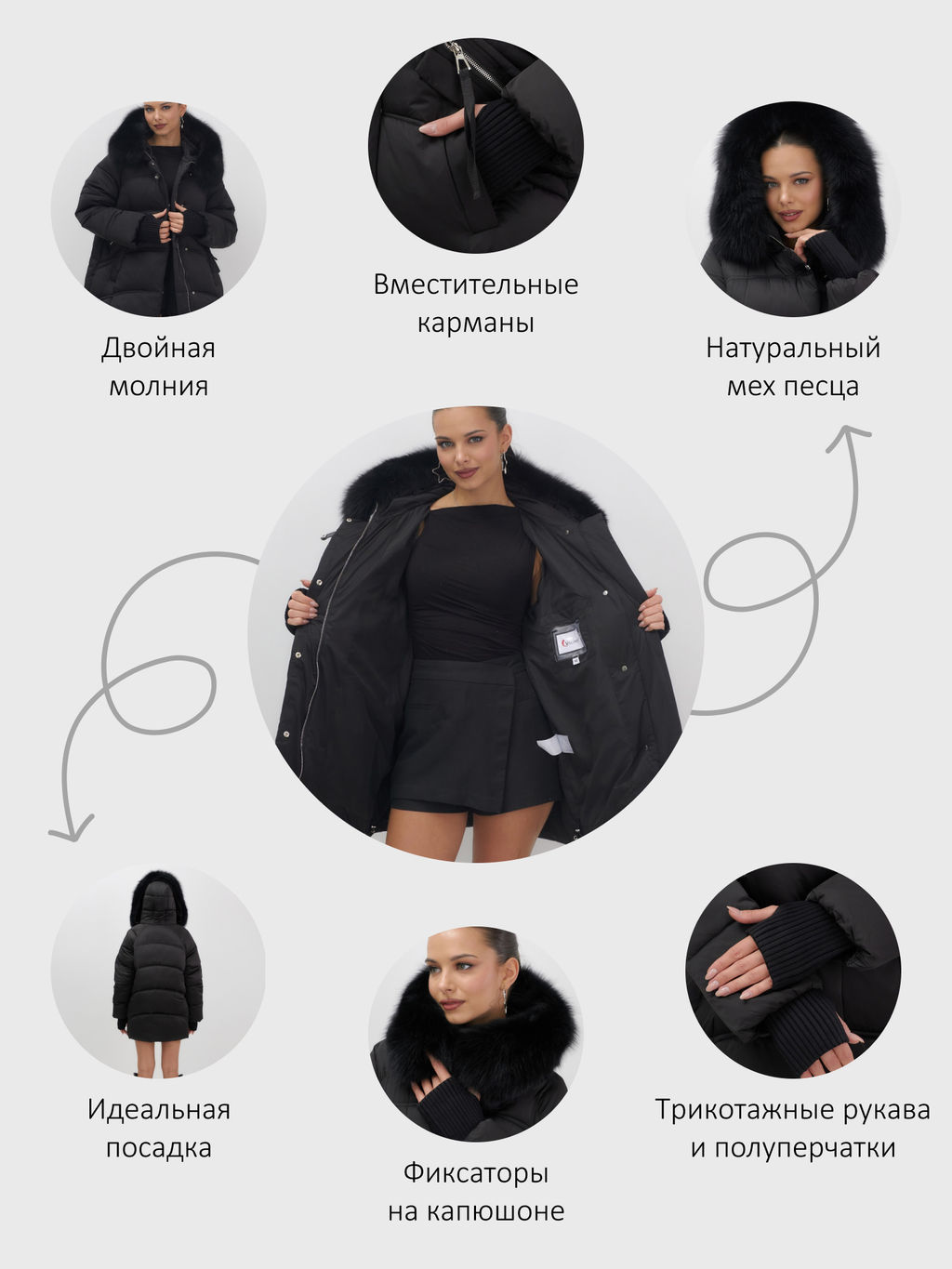 Куртка зимняя женская с мехом и капюшоном тренд черного цвета 7737Ch - Visdeer фото 19
