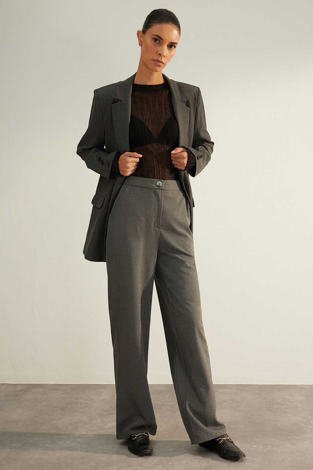 TRENDYOLMILLA Antrasit Premium Kalite Wide Leg/Genis Paca Dokuma Kumas Pantolon TWOAW24PL00227 фото 2