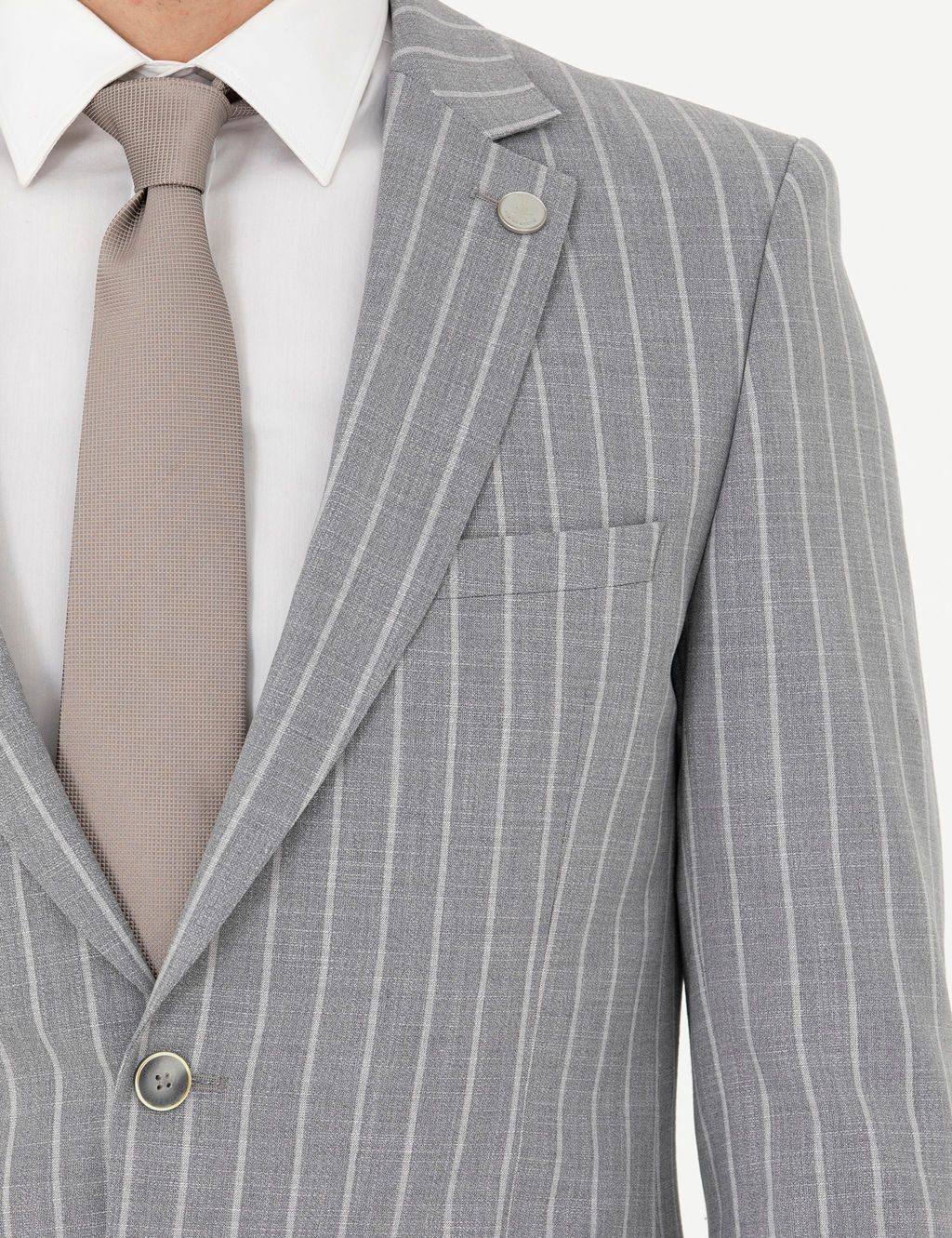 Gri Extra Slim Fit _izgili Y_n Kar___ml_ Tak_m Elbise