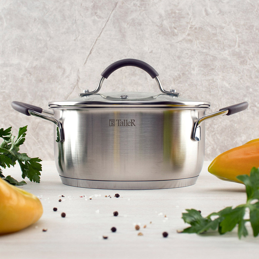 Кастрюля из нержавеющей стали Lira 2,8л, д20см, h10см, s0,5мм, дно д18см, s4мм, стеклянная жаропрочная крышка, стальной обод, пароотвод, силиконовые вставки коричневого цвета, капсулированное дно, полировка внешняя - матовая, внутренняя - матовая, - Домашняя мода фото 3