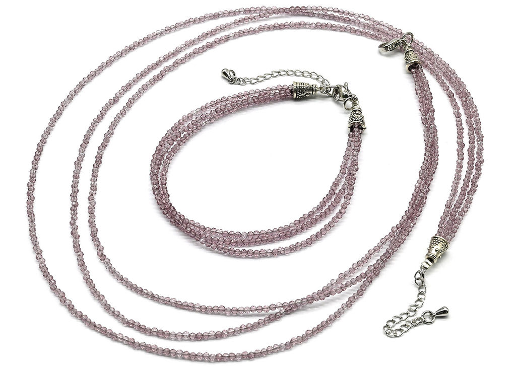Колье с браслетом из шпинели цв.сиреневый, 3 нити, шарик гр.2мм, 46см, 20см, 13,3г