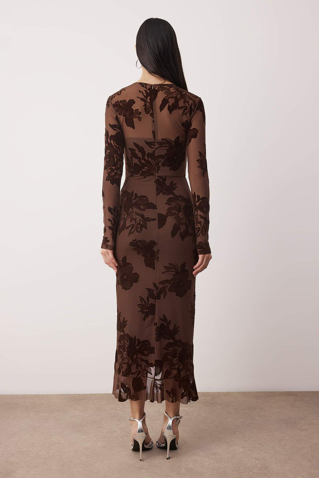 Kahverengi Flok Bask?l? Tul Astarl? Orme Midi Elbise TPRAW26EL00109 - Trendyolmilla фото 4