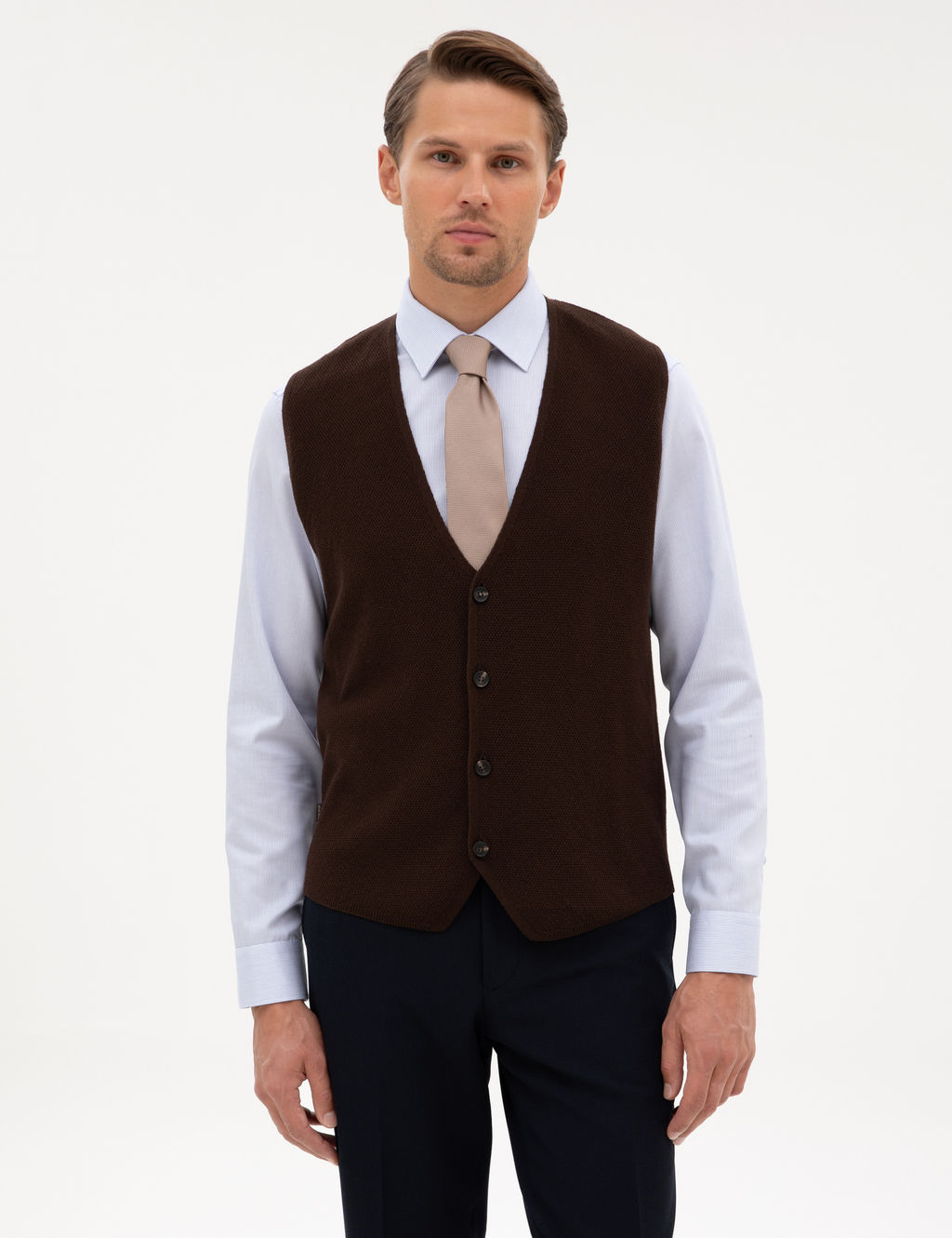 Koyu Kahverengi Slim Fit V Yaka Triko Yelek