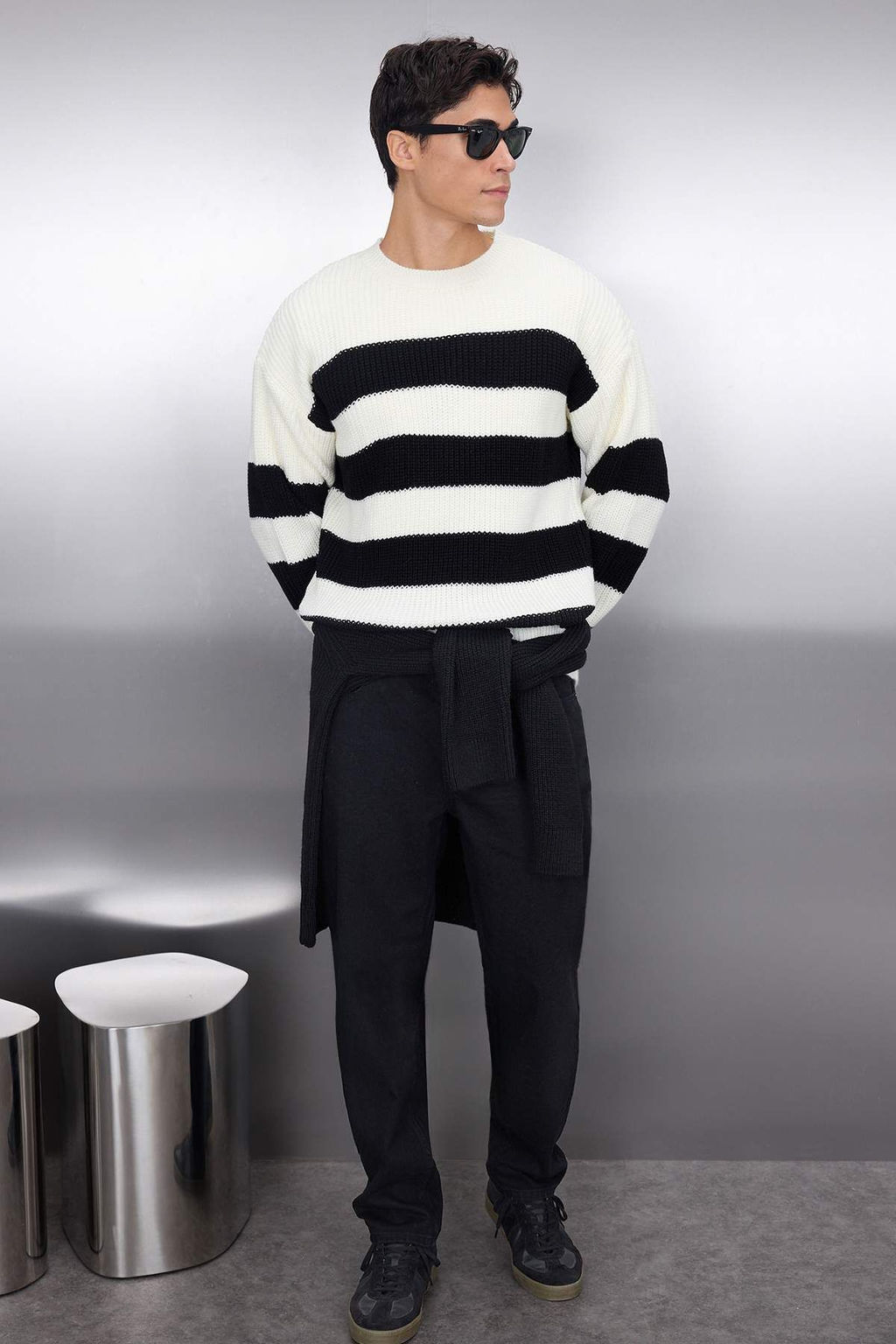 TRENDYOL MAN Koyu Yesil Casual Oversize Fit Genis Kal?p Bisiklet Yaka Cizgili Triko Kazak TMNAW23KZ00106 - Trendyolmilla фото 38