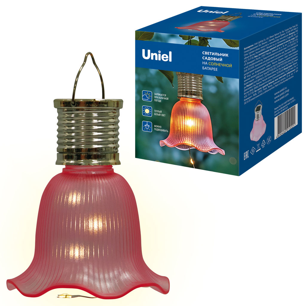 USL-S-838/PT100 PINK BELL Садовый светильник на солнечной батарее Розовый колокольчик. Подвесной. 4 светодиода. Теплый белый свет. 1*АА Ni-Mh аккумулятор в/к. IP44. TM Uniel - Volpe фото 6