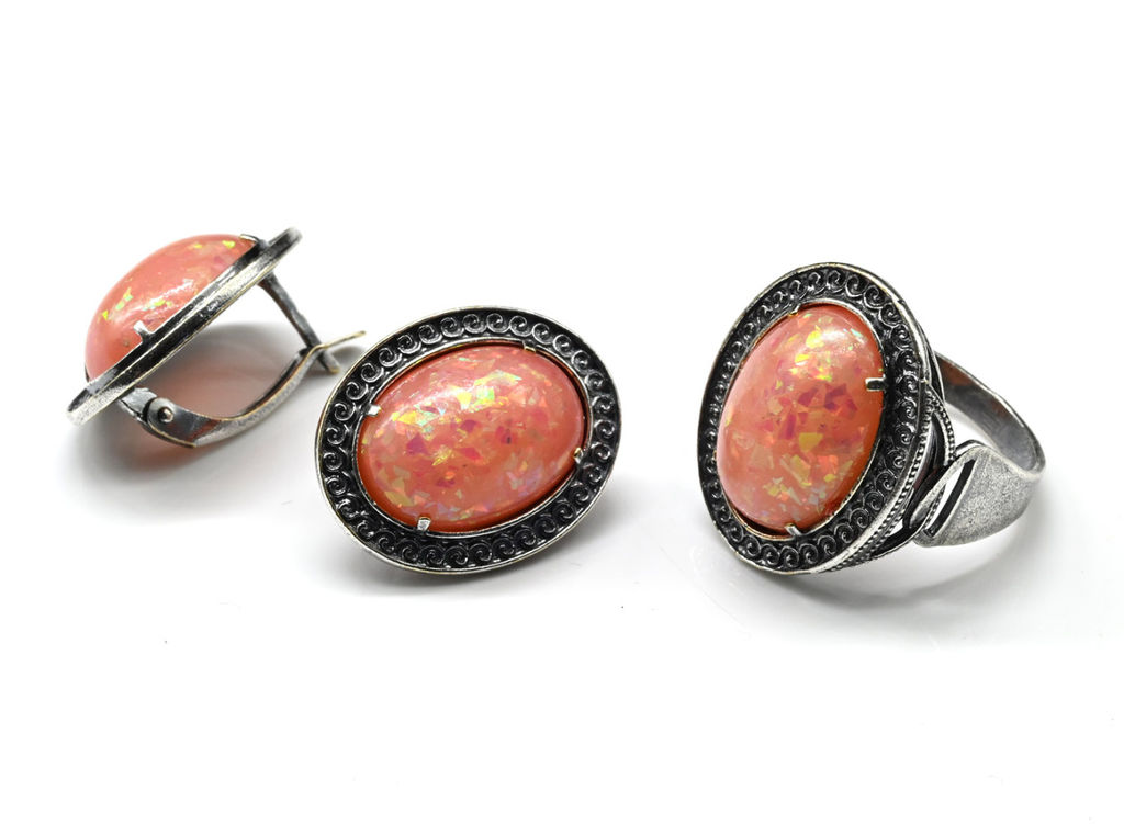 Кольцо Серьги с опалом искусственным, цв.коралловый размер 20