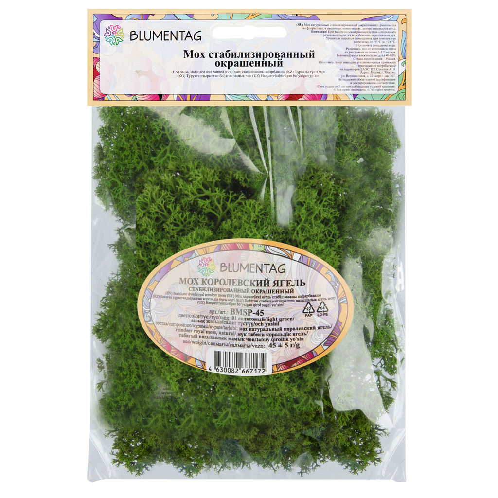 Blumentag BMSP-45 Мох королевский ягель стабилизированный окрашенный 45 г  5 г №01 салатовый  фото 3