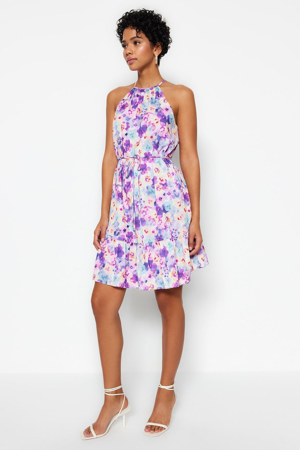 Mor Cicekli Halter Yaka A Kesim Baglama Detayl? Mini Dokuma Elbise TWOSS22EL00666