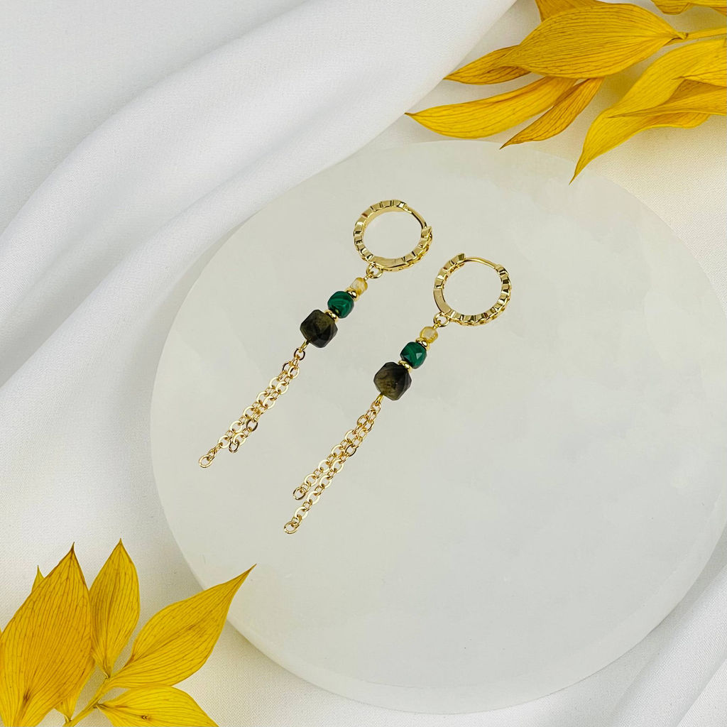 Серьги из золотистого Обсидиана, Малахита и Рутилового кварца
