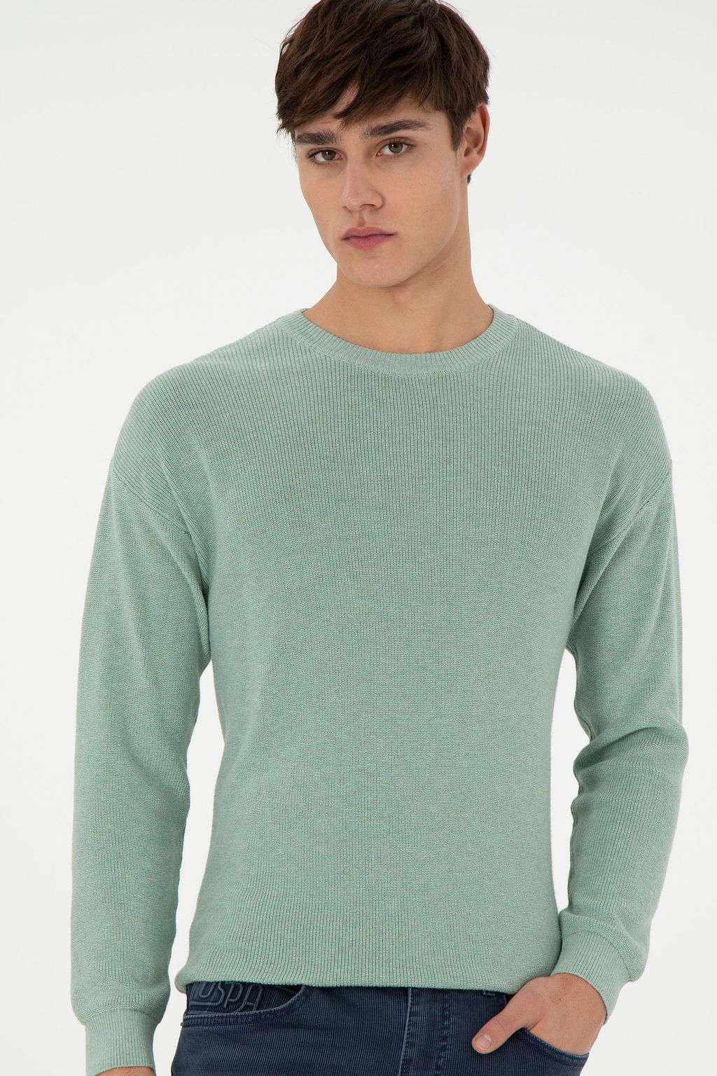 Erkek Regular Fit Bisiklet Yaka Ye_il Melanj Basic Kazak - U.s. polo assn фото 3