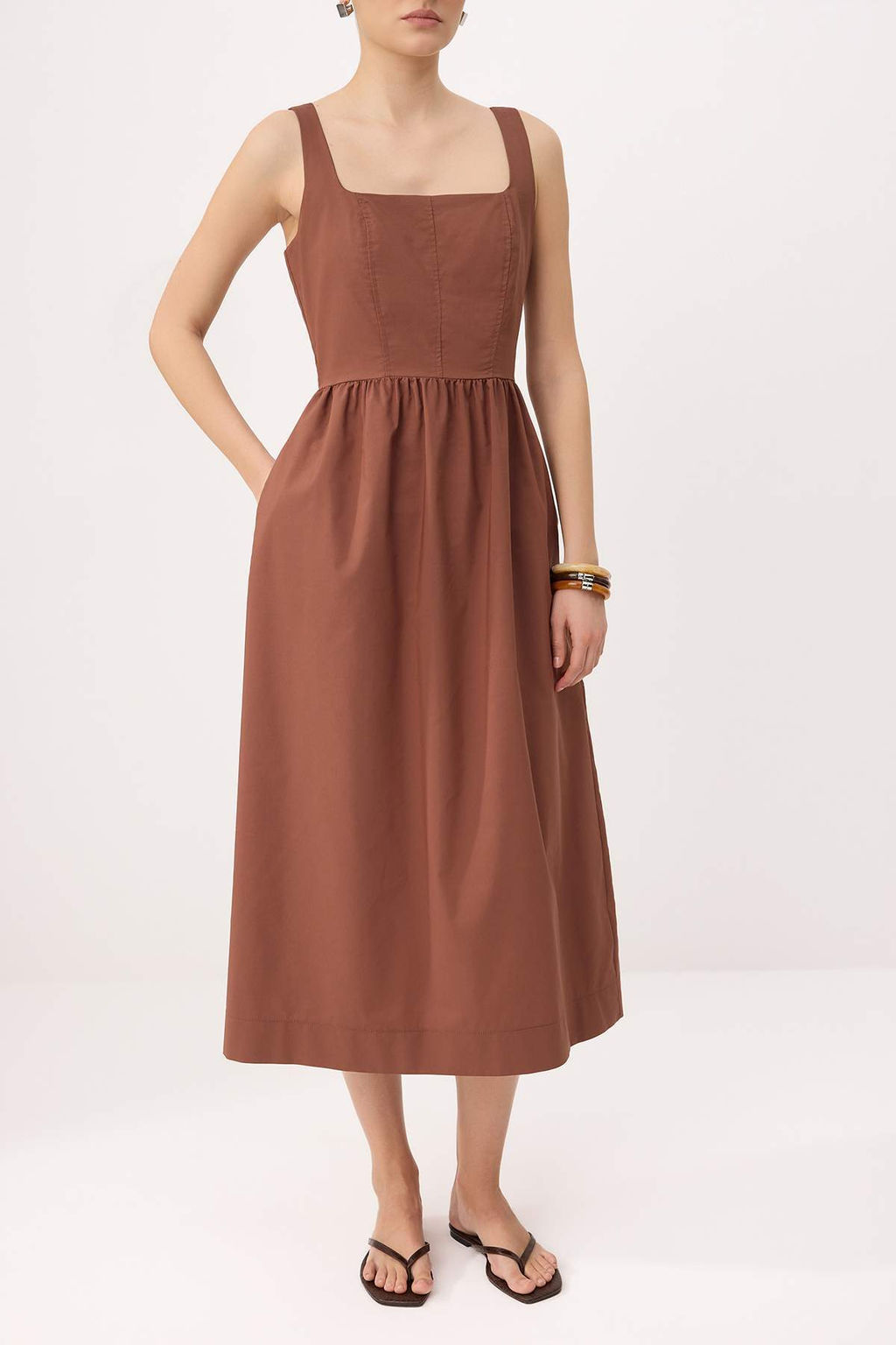 Kahverengi Belden Ac?lan Midi Korse Dikis Detayl? Midi Dokuma Elbise TWOSS24EL00038