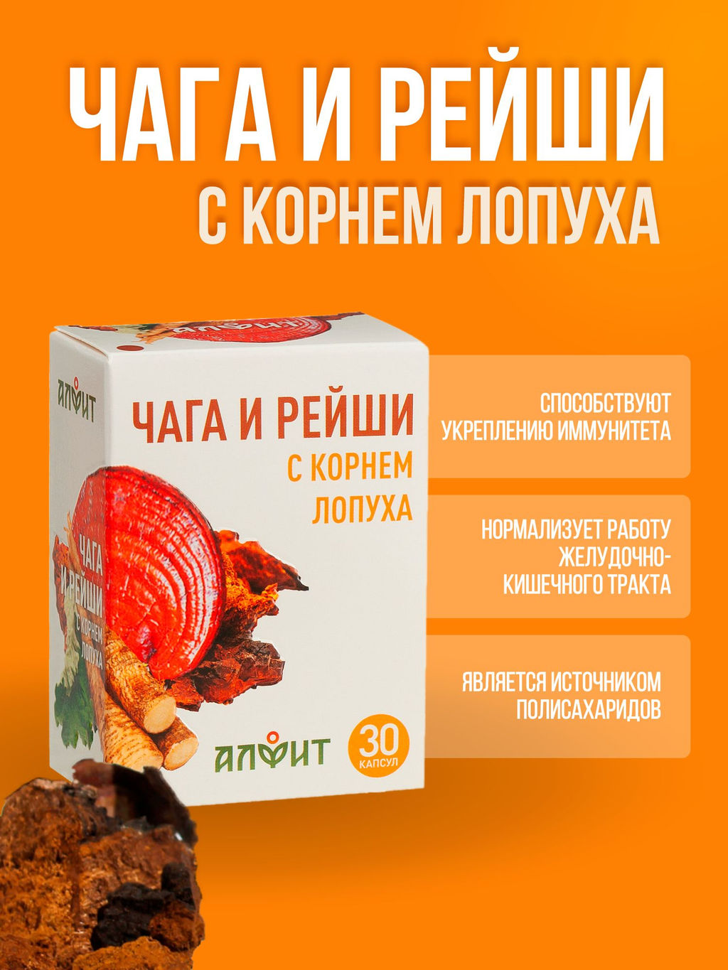 Грибная серия БАД Капсулы Чага и рейши с корнем лопуха Алфит 1237 фото 5