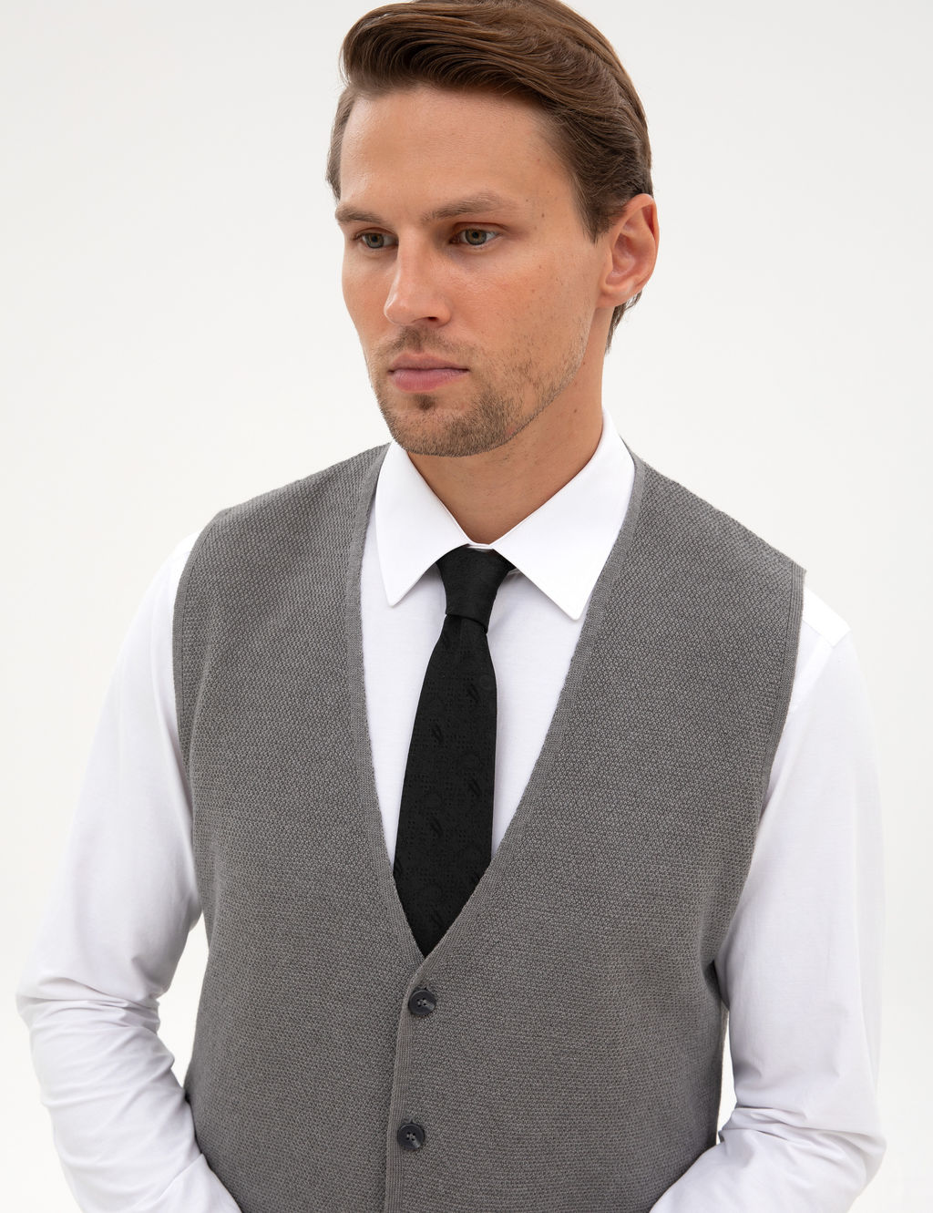 Gri Melanj Slim Fit V Yaka Triko Yelek