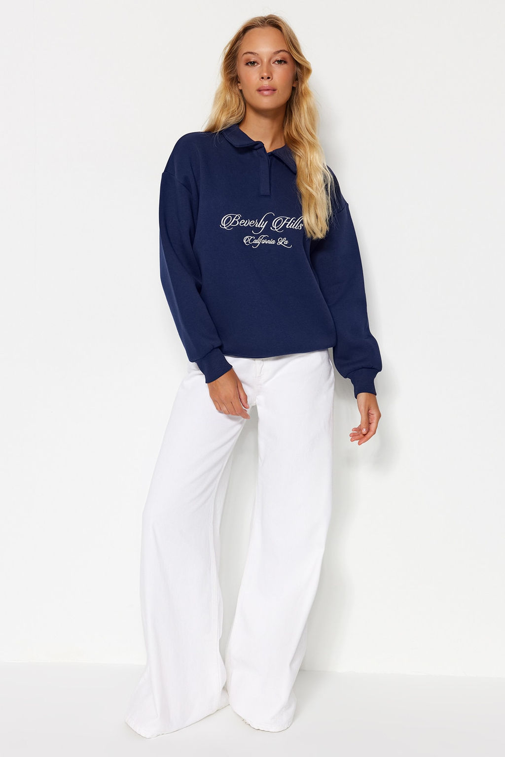 Lacivert Gomlek Yaka Nak?sl? Regular Fit Kal?n Ici Polarl? Orme Sweatshirt TWOAW24SW00182