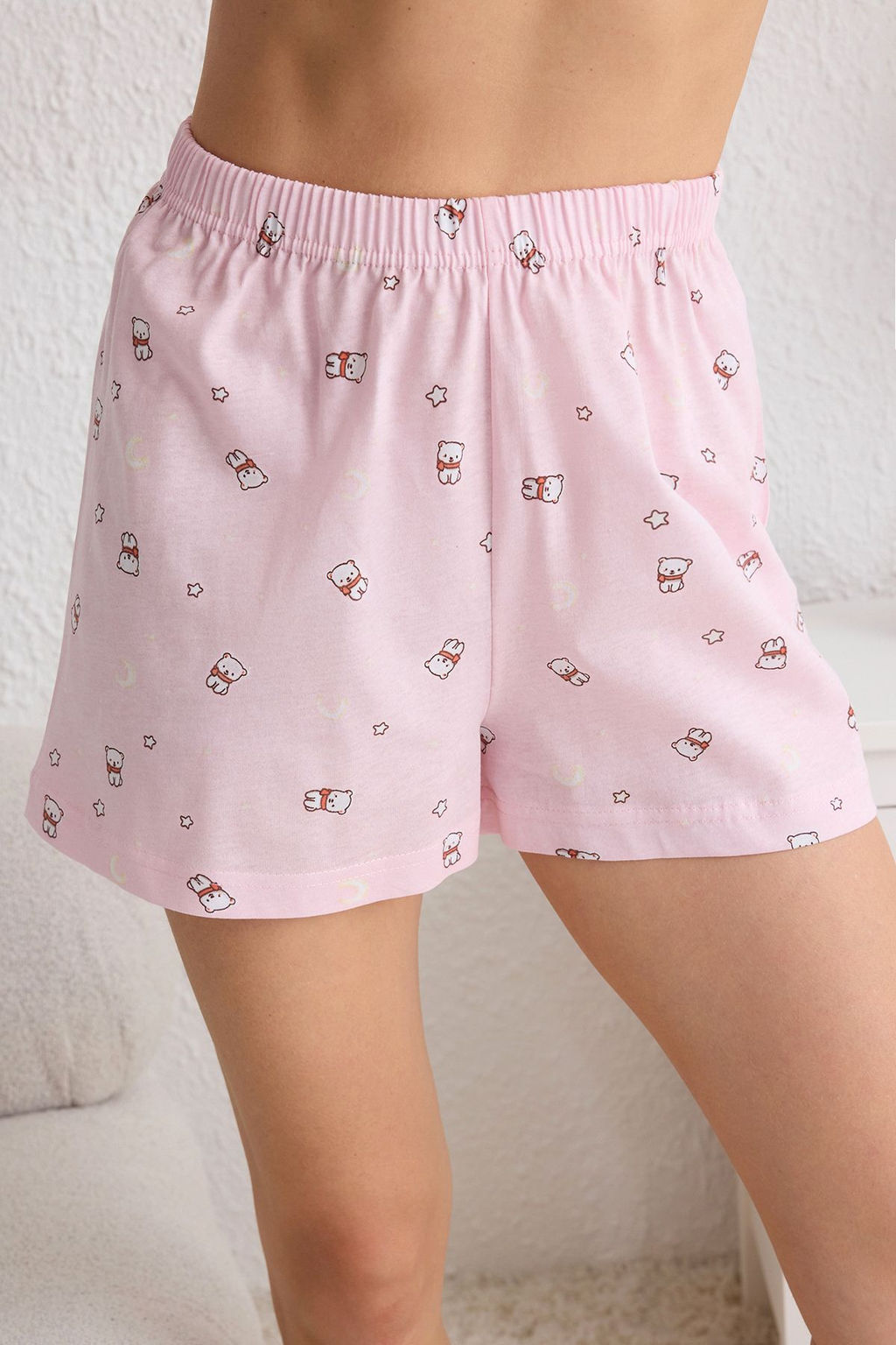 Trendyolmilla Pembe %100 Pamuklu Ay?c?k ve Y?ld?z Desenli Sortlu Orme Pijama Tak?m? THMSS25PT00081  фото 4