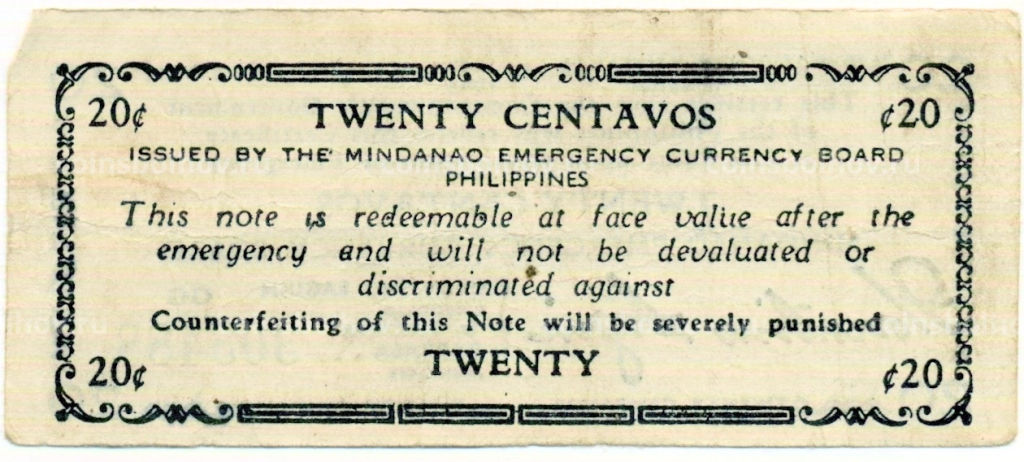 Банкнота 20 сентаво 1943 года Филиппины (Минданао, Администрация США)