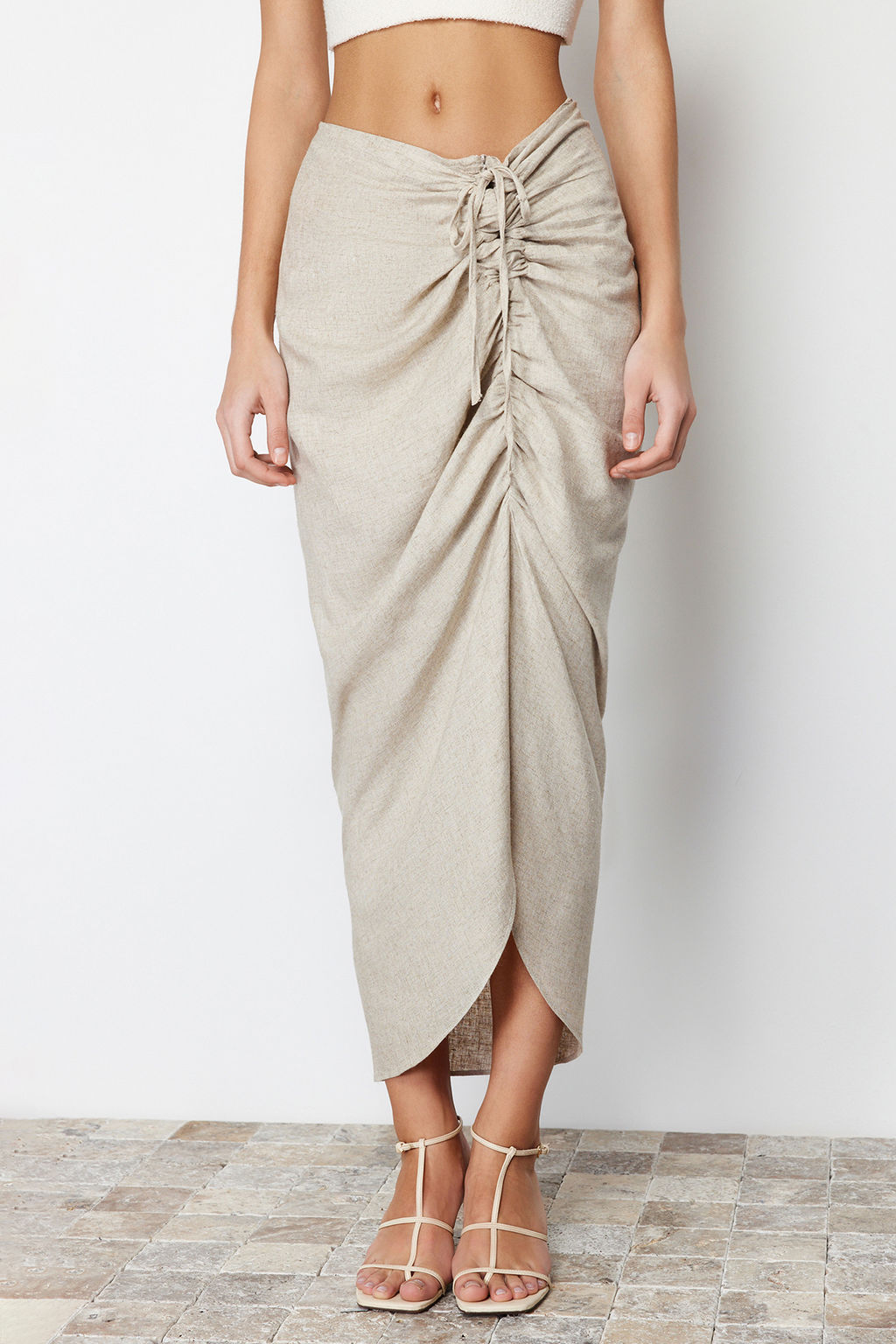 TRENDYOLMILLA Bej Buzgu Detayl? Pamuk Keten Kar?s?ml? Midi Boy Dokuma Etek TWOSS24ET00070  фото 4