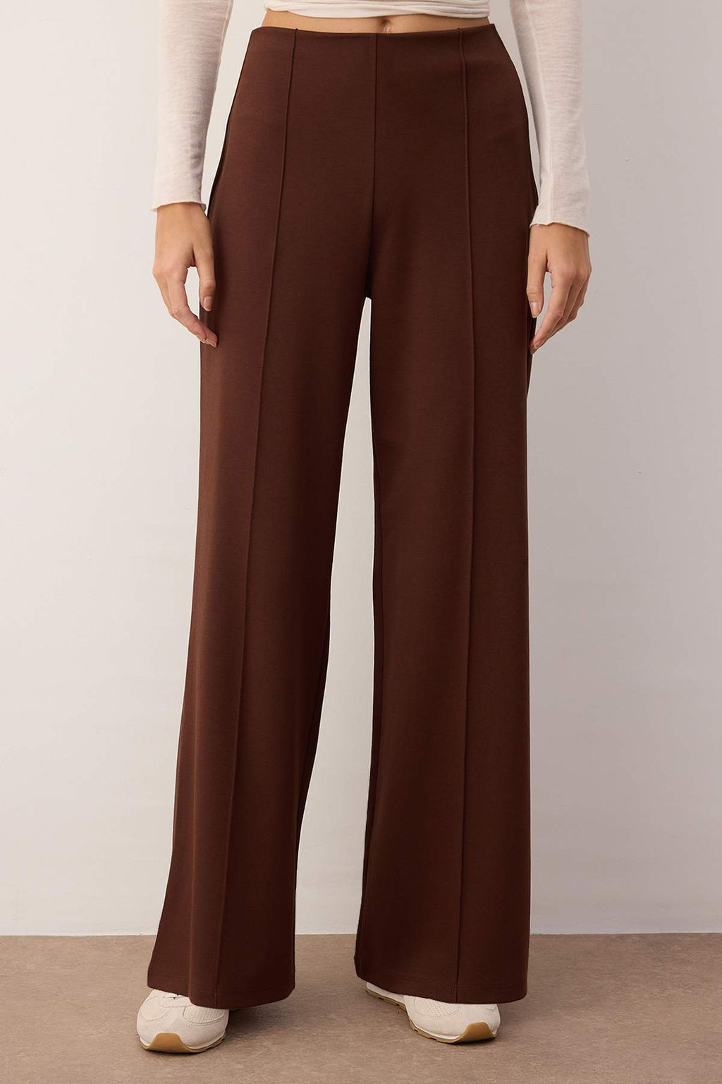 Kahverengi Interlok Wide/Leg Genis Kesim Esnek Orme Nervurlu Pantolon TWOAW26PL00075 - Trendyolmilla фото 3