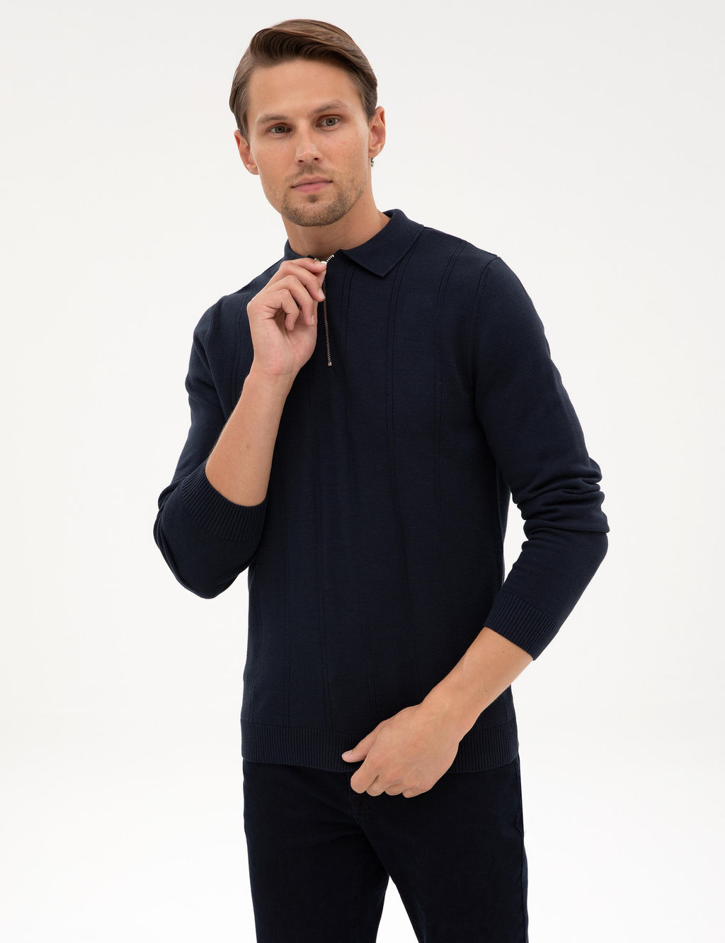 Lacivert Slim Fit Polo Yaka Fermuarl_ Triko Kazak - Pierre cardin фото 3