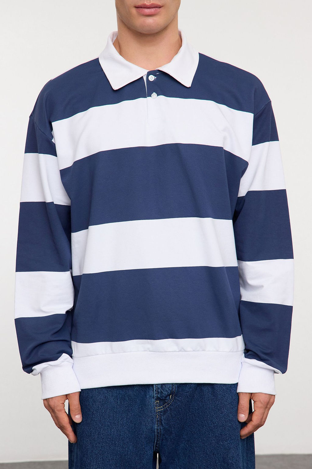 Indigo Oversize/Genis Kesim Cizgili Polo Yaka Sardonsuz Sweatshirt TMNAW25SW00023