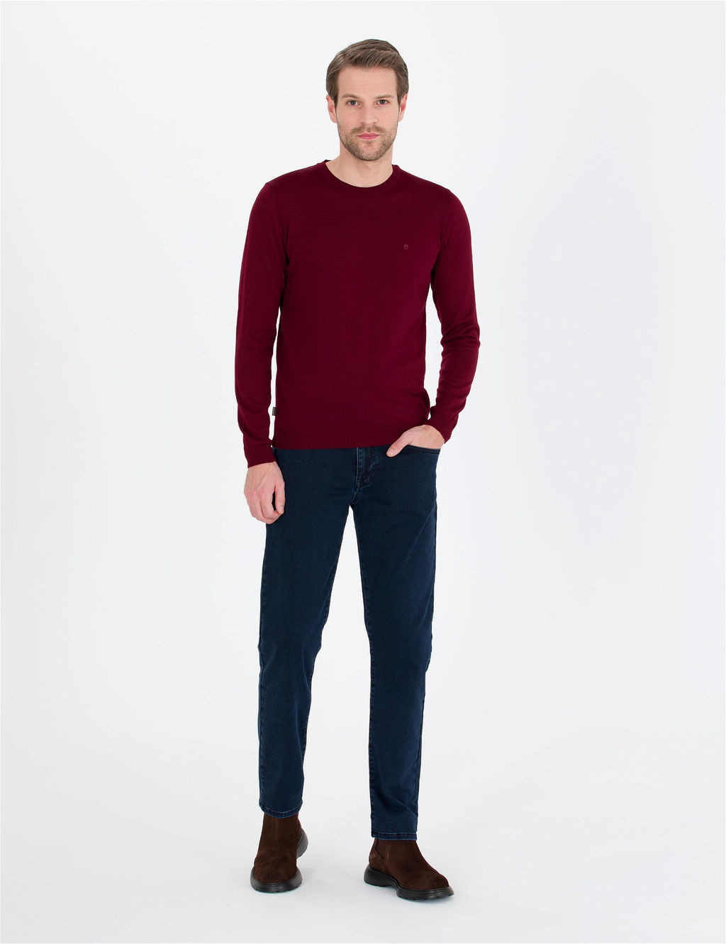 K_rm_z_ Slim Fit Bisiklet Yaka Y_n Kar___ml_ Basic Triko Kazak