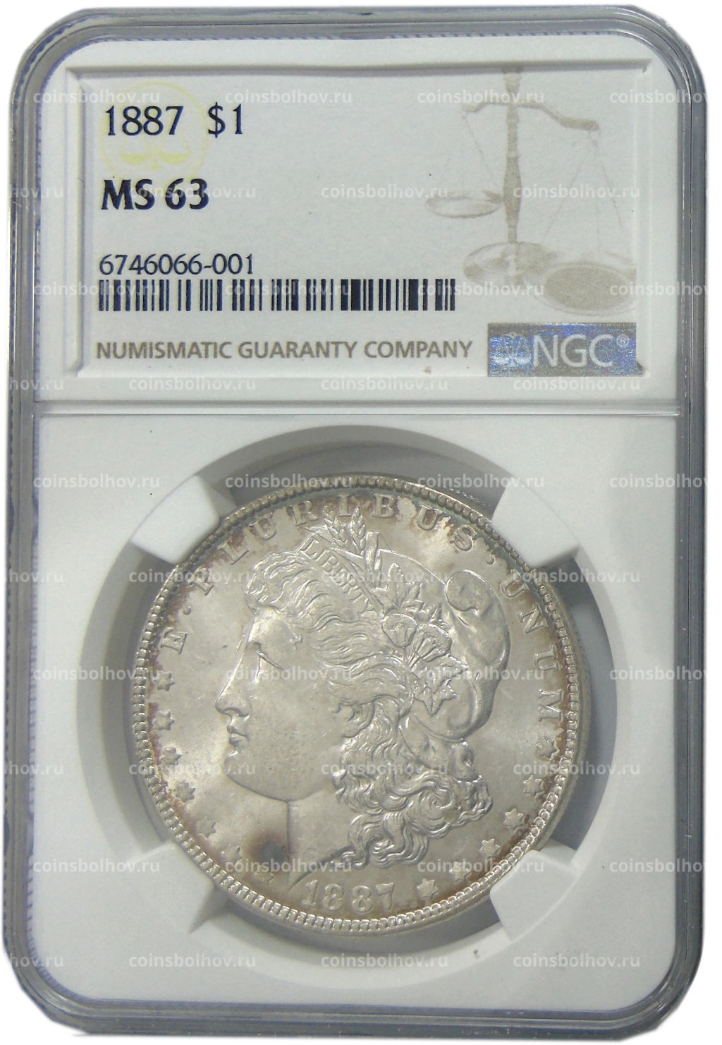1 доллар 1887 года США Доллар Моргана (в слабе NGC MS 63)
