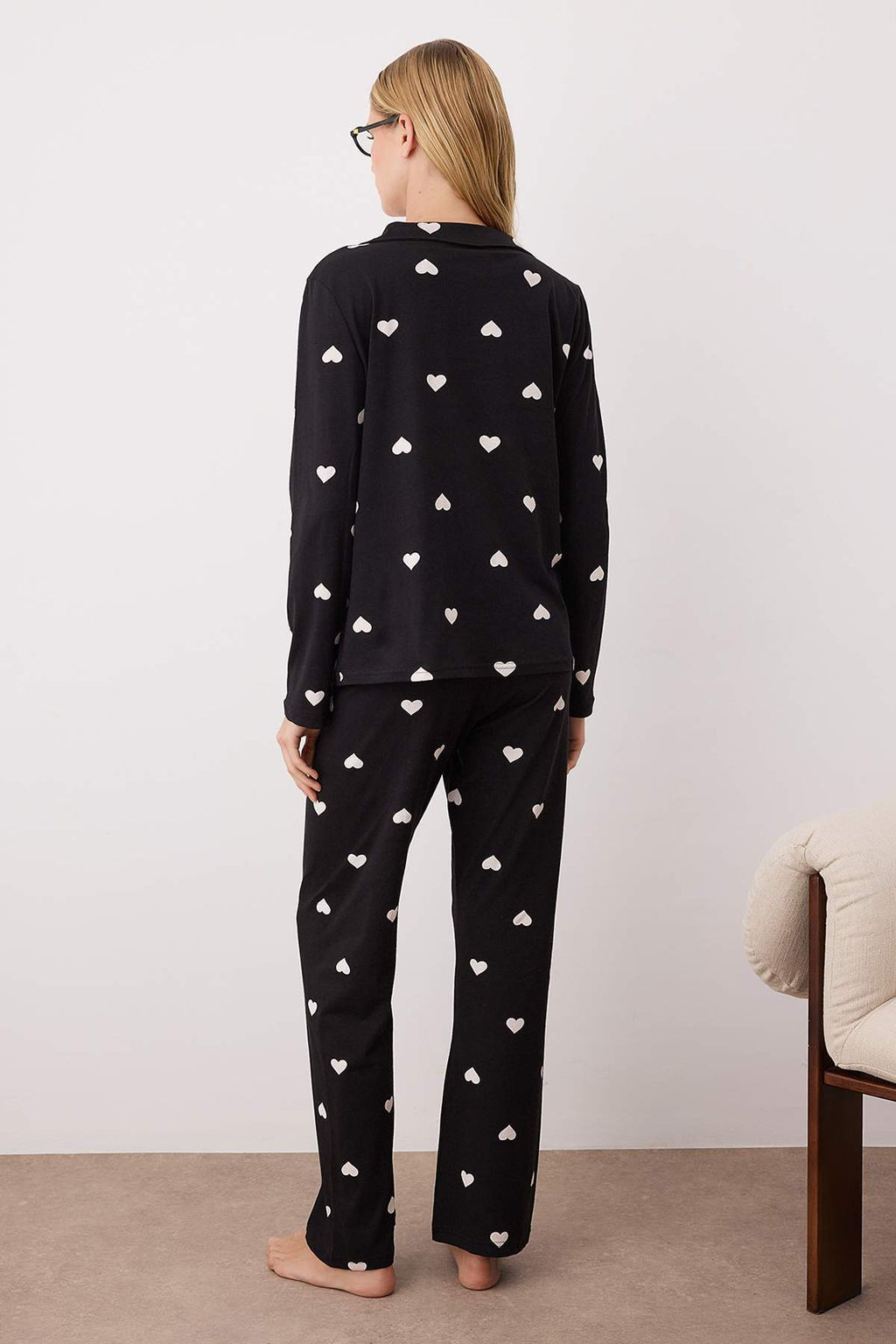 Siyah %100 Pamuklu Kalpli Orme Pijama Tak?m? THMAW21PT0548
